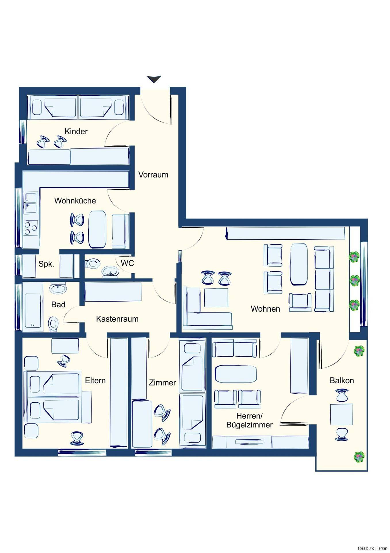 Detaillierter Grundriss einer Wohnung mit mehreren Zimmern, Bad, WC und Balkon.