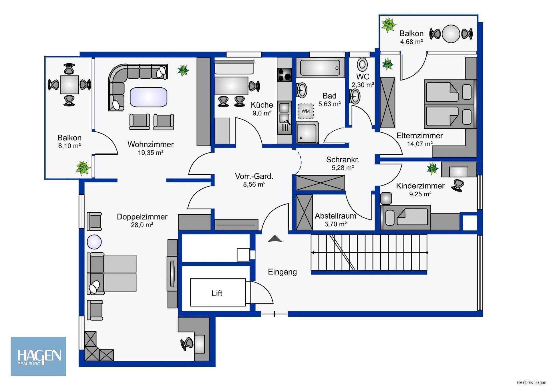 Grundriss der Wohnung mit Wohnzimmer, Küche, Bad, WC und mehreren Schlafzimmern.