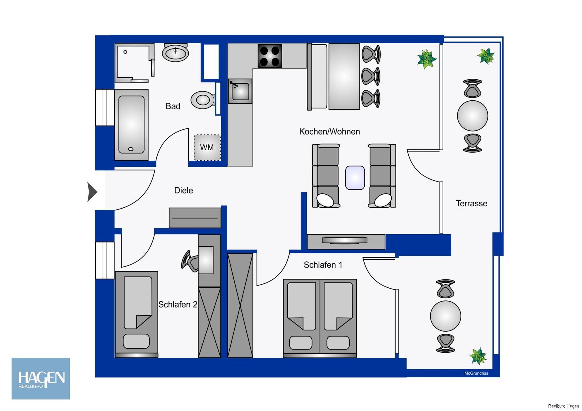 Grundriss einer Wohnung mit zwei Schlafzimmern, offenem Wohnbereich und einer Terrasse.