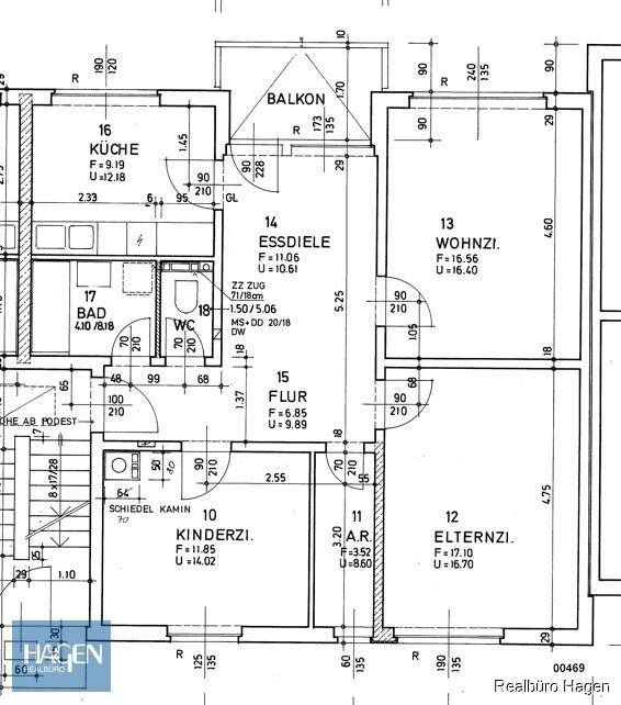 Detaillierter Grundriss einer Wohnung mit Küche, Bad, WC, Essdiele, Wohnzimmer und zwei Schlafzimmern.