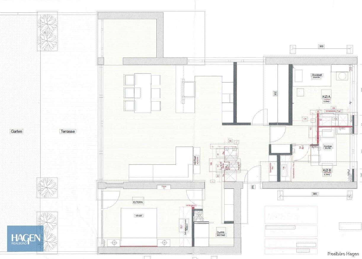 Grundriss der Wohnung mit Terrasse, Garten und Aufteilung der Wohnbereiche.