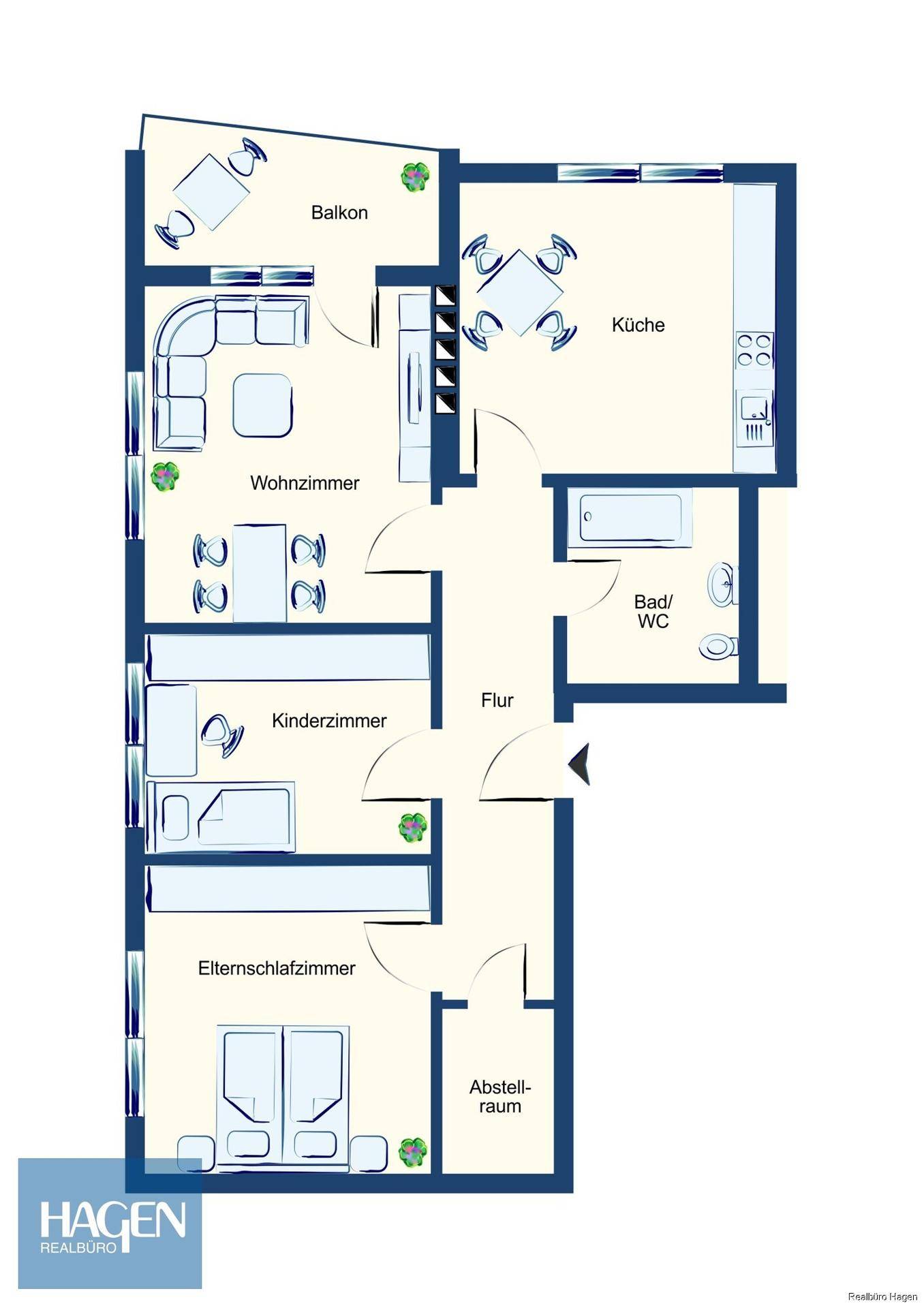 Grundriss der Wohnung mit Wohnzimmer, Küche, zwei Schlafzimmern und Balkon.