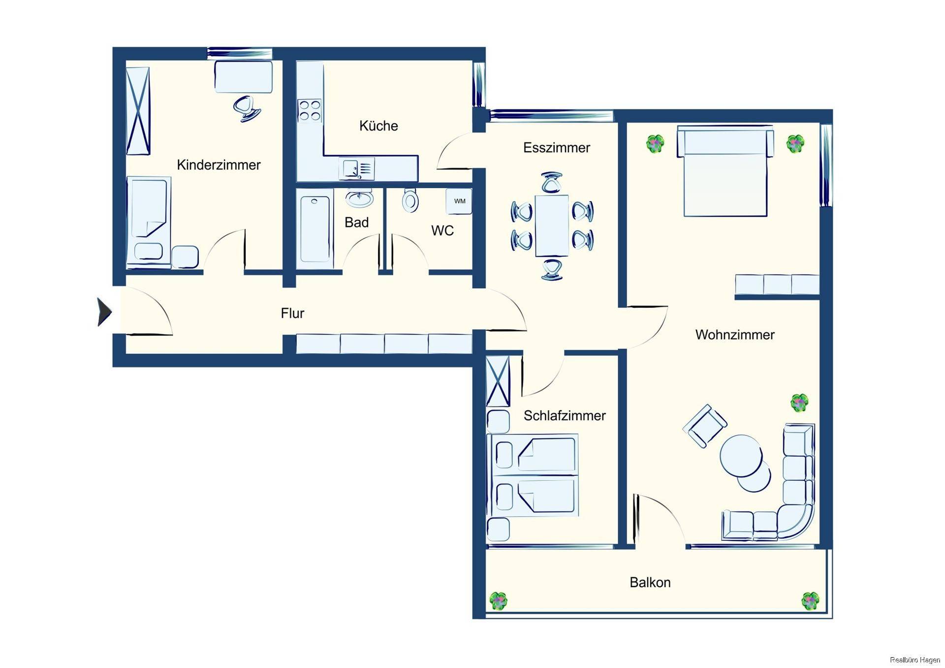 Grundriss der Wohnung mit Wohnzimmer, Schlafzimmern, Küche und Balkon.