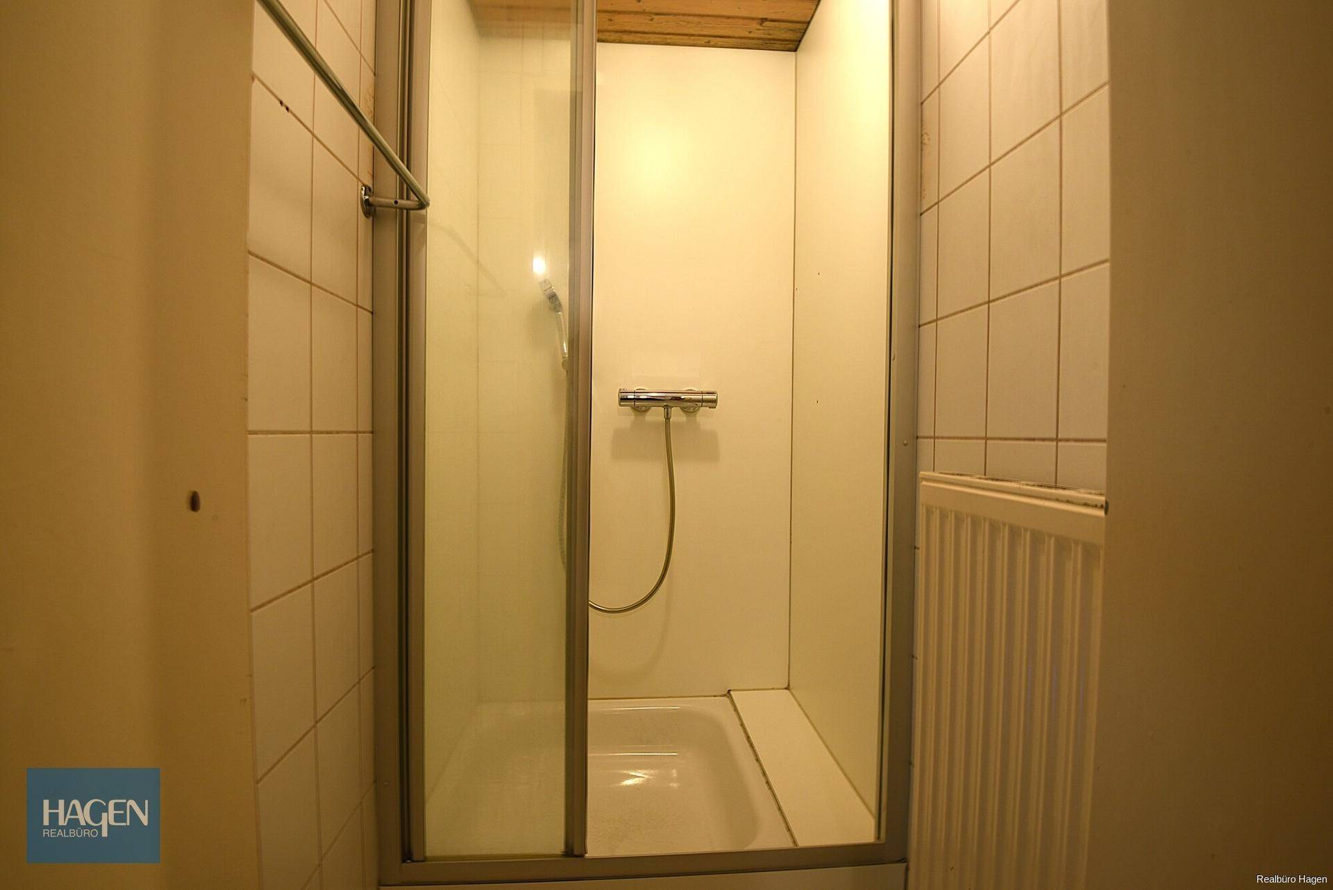 Geflieste Duschkabine mit Glasabtrennung und Holzdecke.