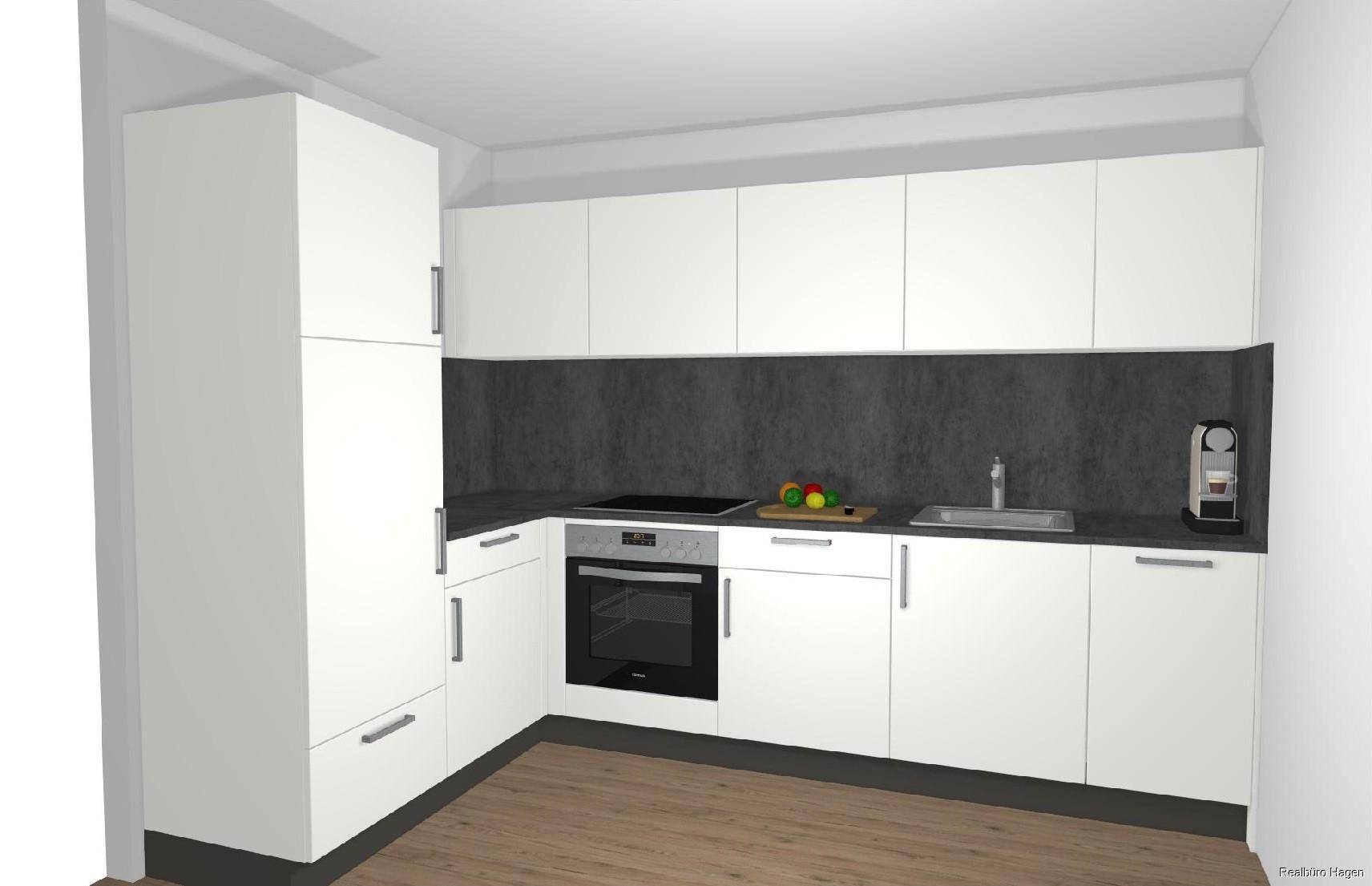 Moderne Einbauküche in Weiß mit dunkler Arbeitsplatte und integrierten Geräten.