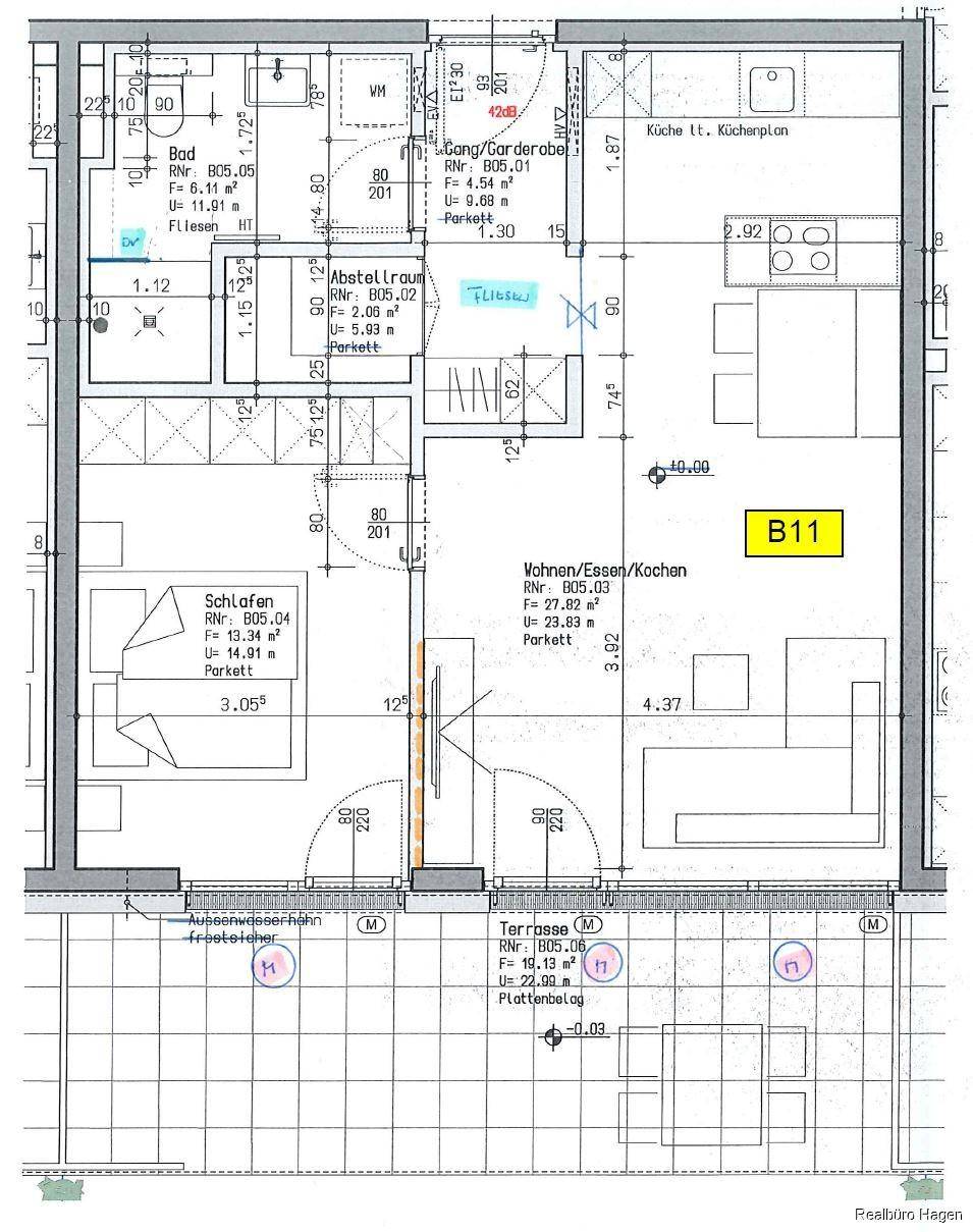 Grundriss B11 zeigt eine Wohnung mit offenem Wohn-/Ess-/Kochbereich, Schlafzimmer und Terrasse.