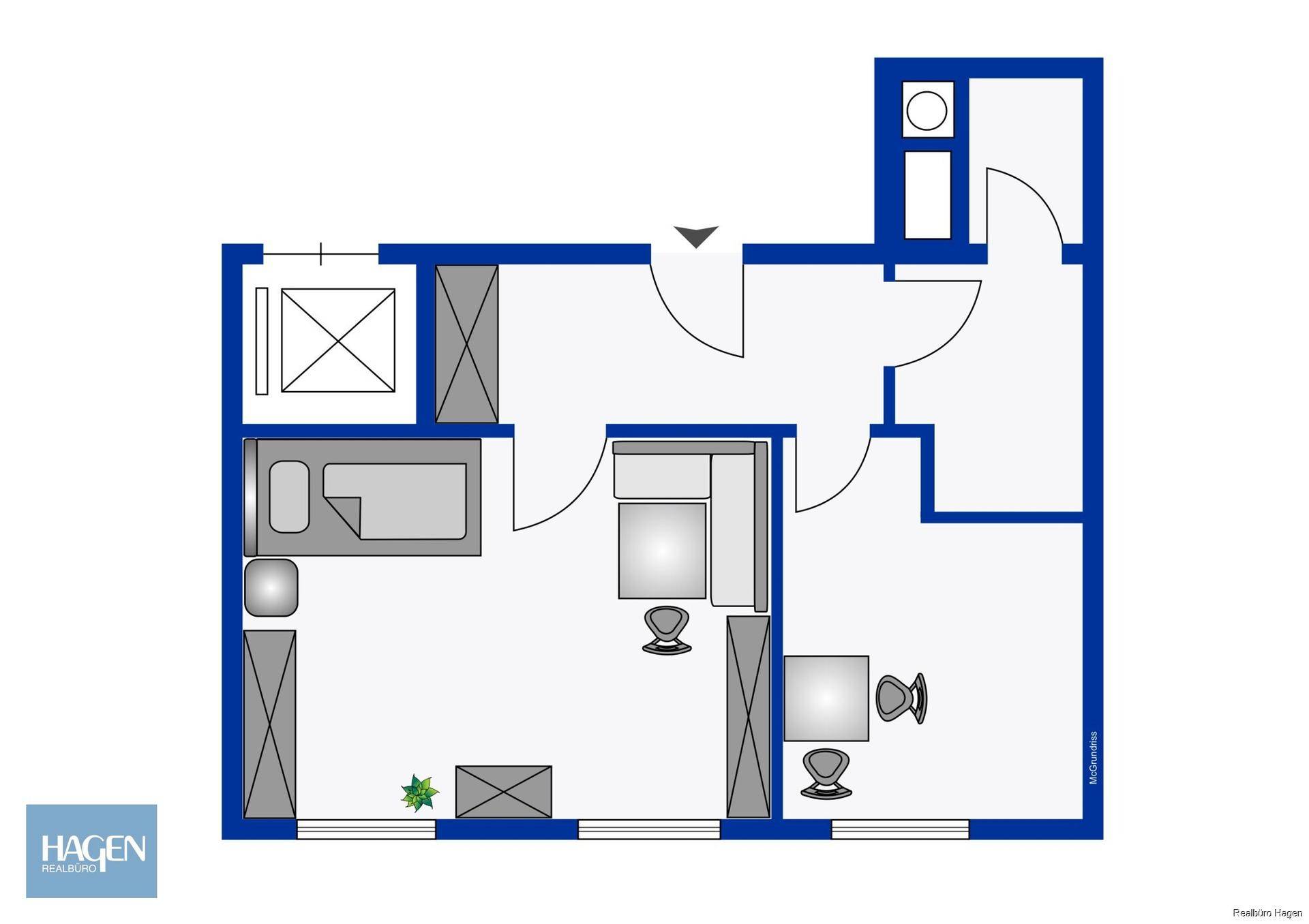 Detaillierter Grundriss einer Wohnung mit Schlafzimmer, Wohnbereich und Badezimmer.