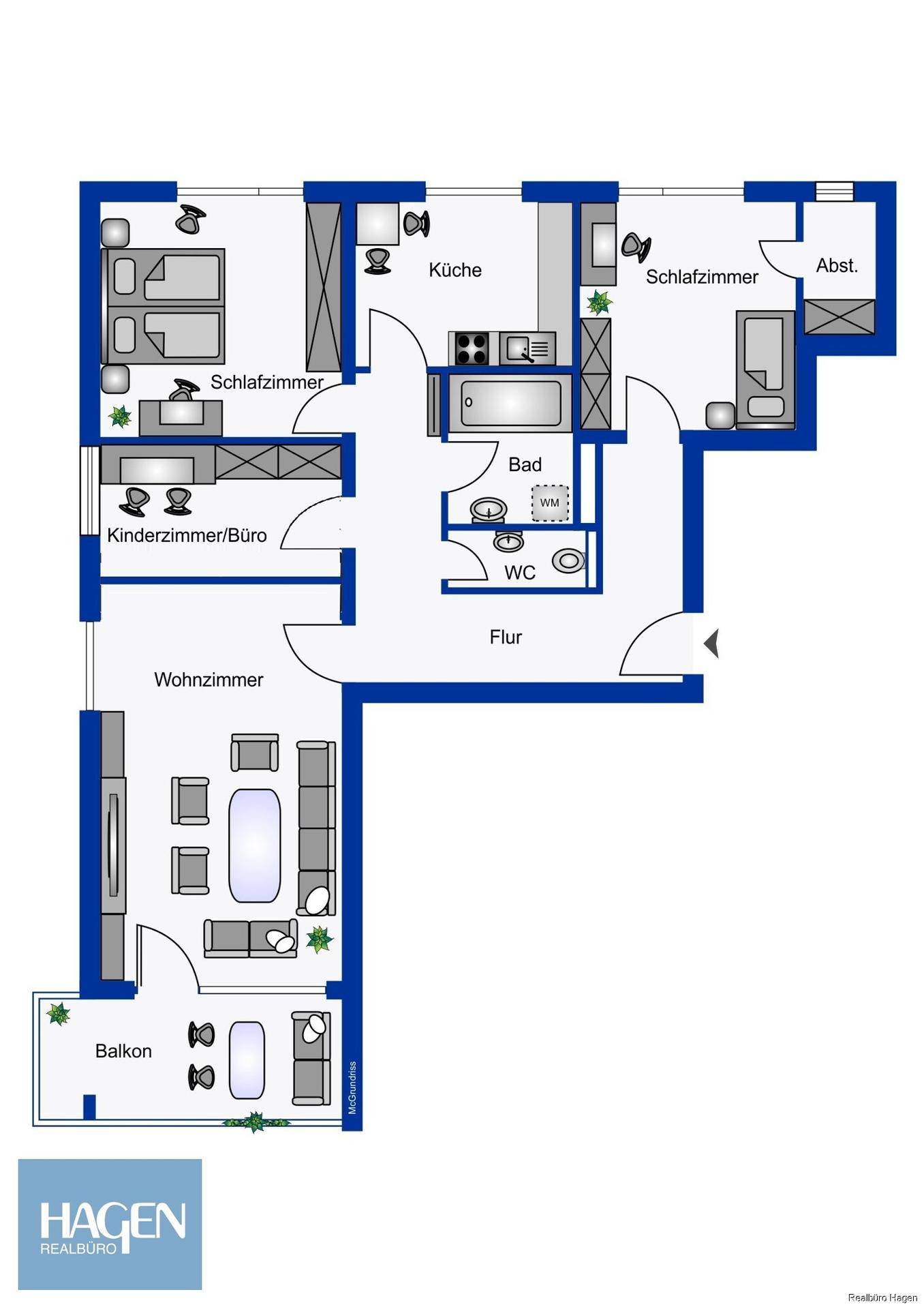 Grundriss der Wohnung mit Wohnzimmer, Schlafzimmern, Küche und Balkon.