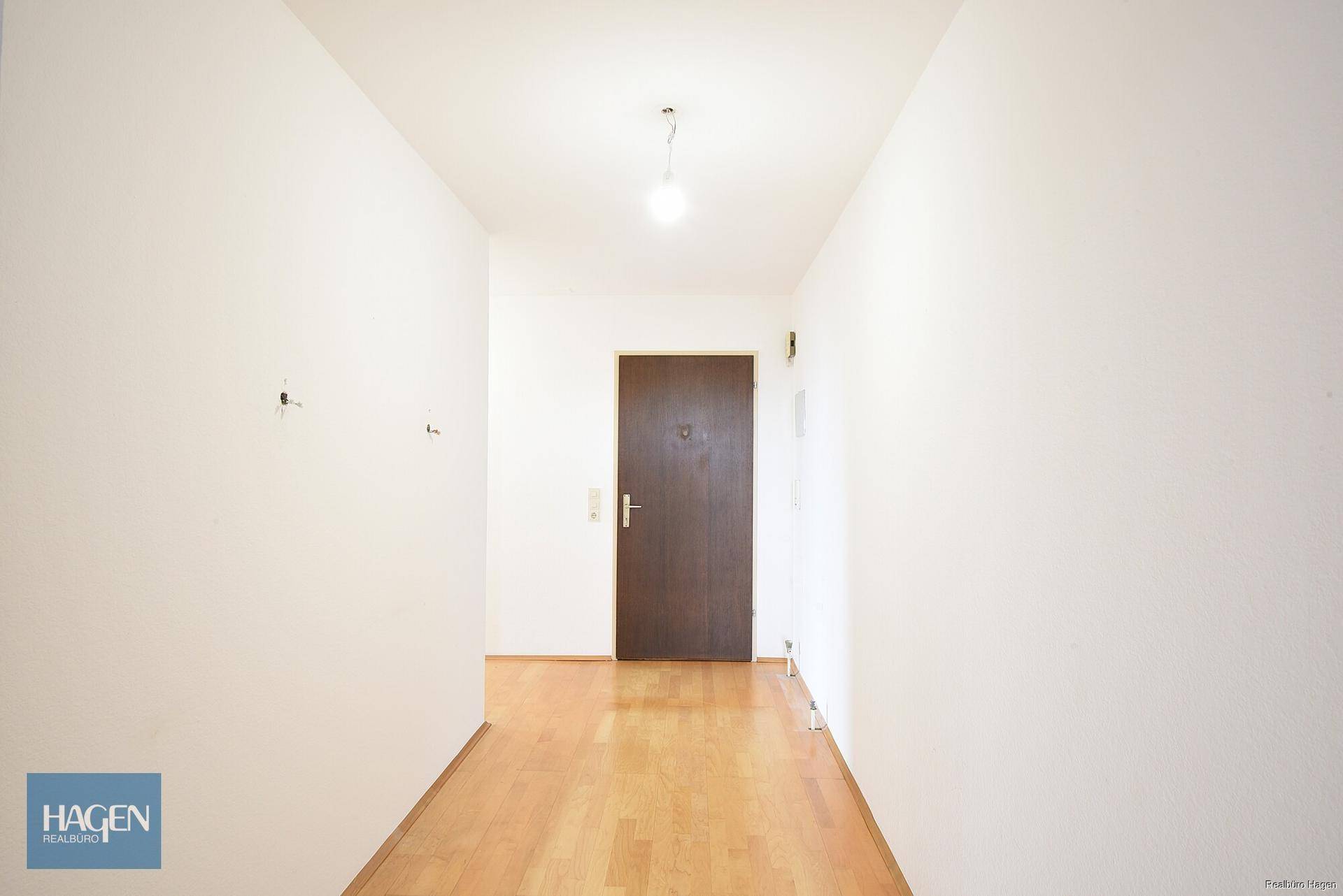 Heller Flur mit Holzfußboden und einer dunklen Eingangstür.