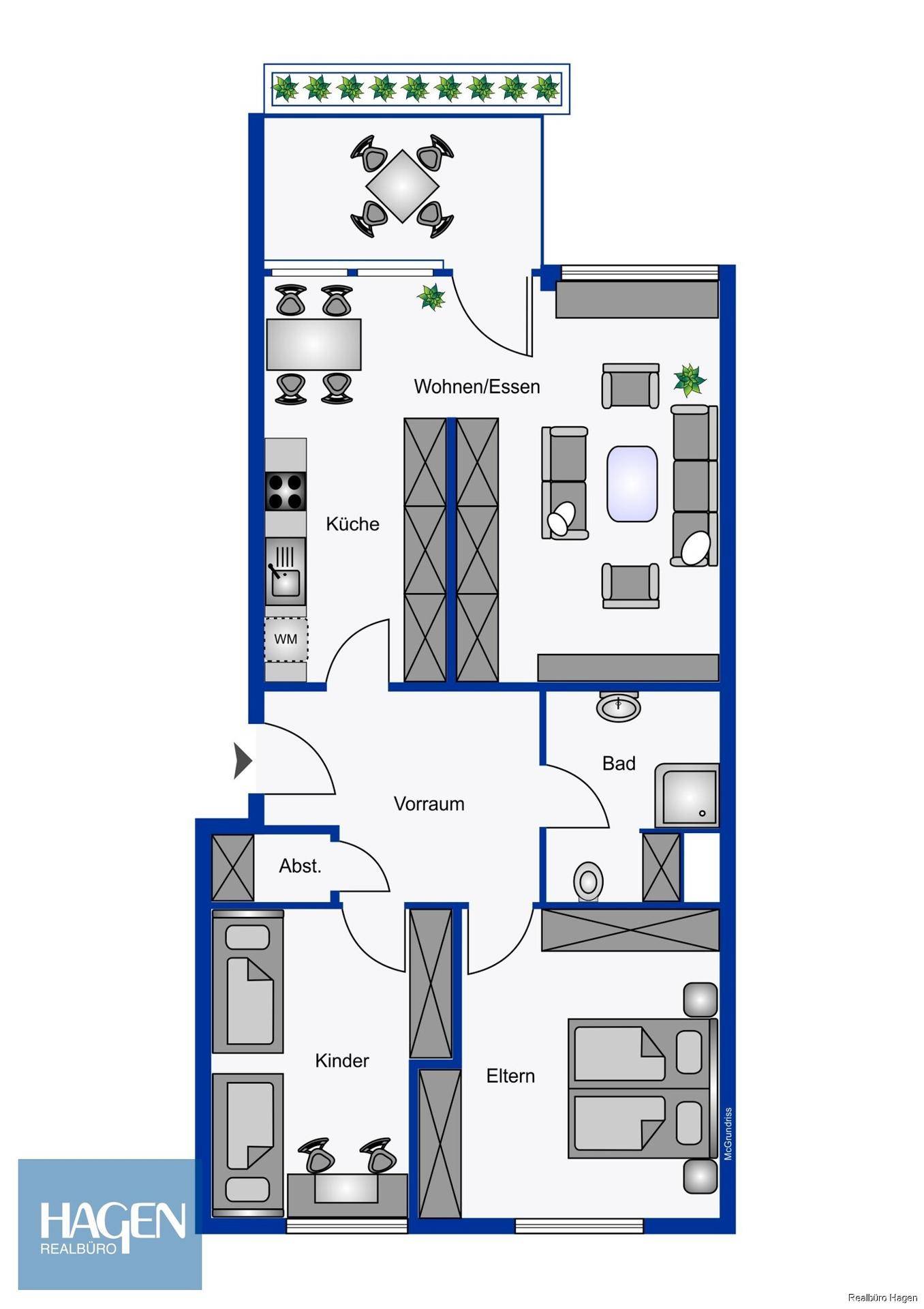 Detaillierter Grundriss der Wohnung mit Aufteilung in Wohn-, Schlaf- und Nassbereiche.