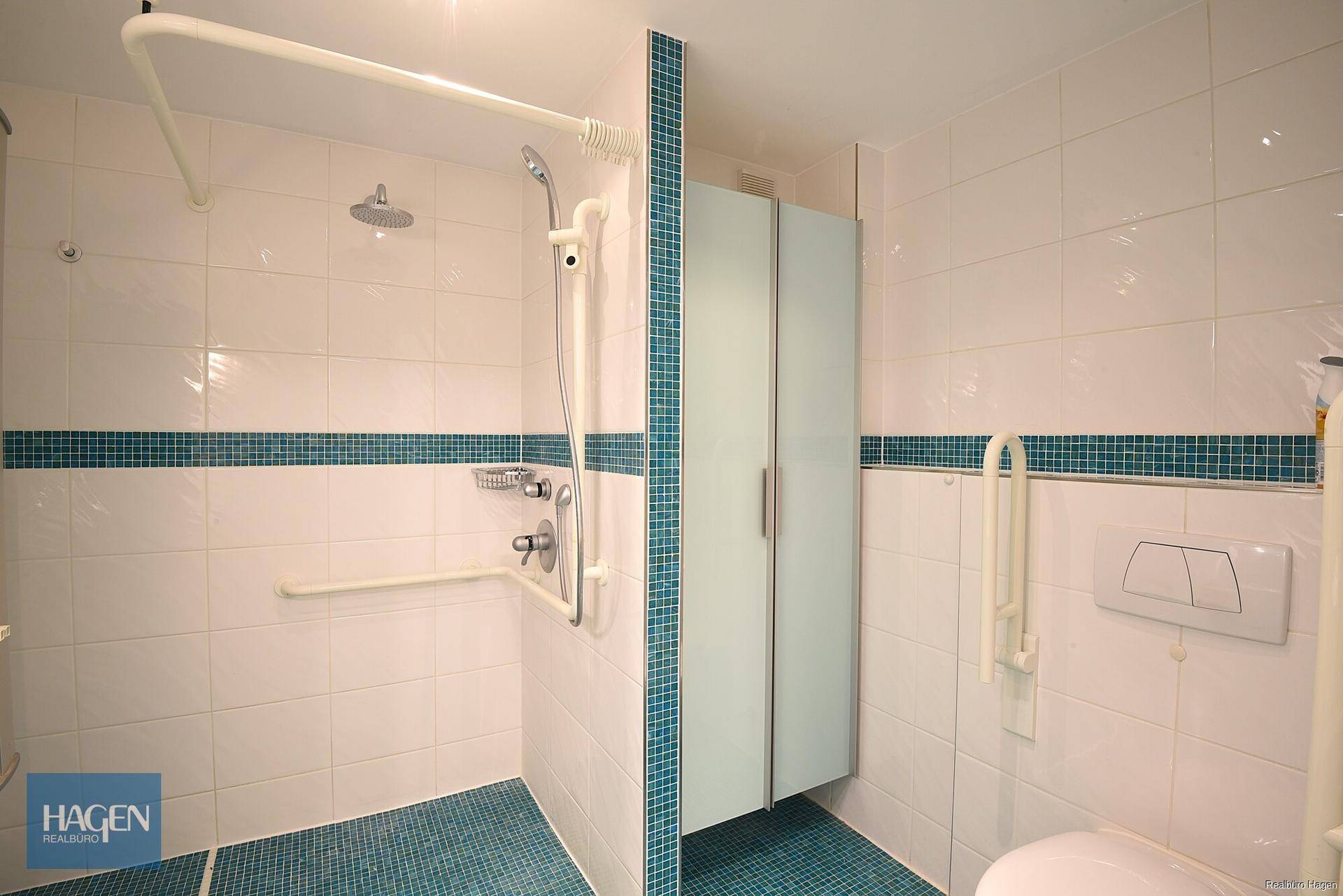 Barrierefreies Badezimmer mit Dusche, WC und praktischen Haltegriffen.