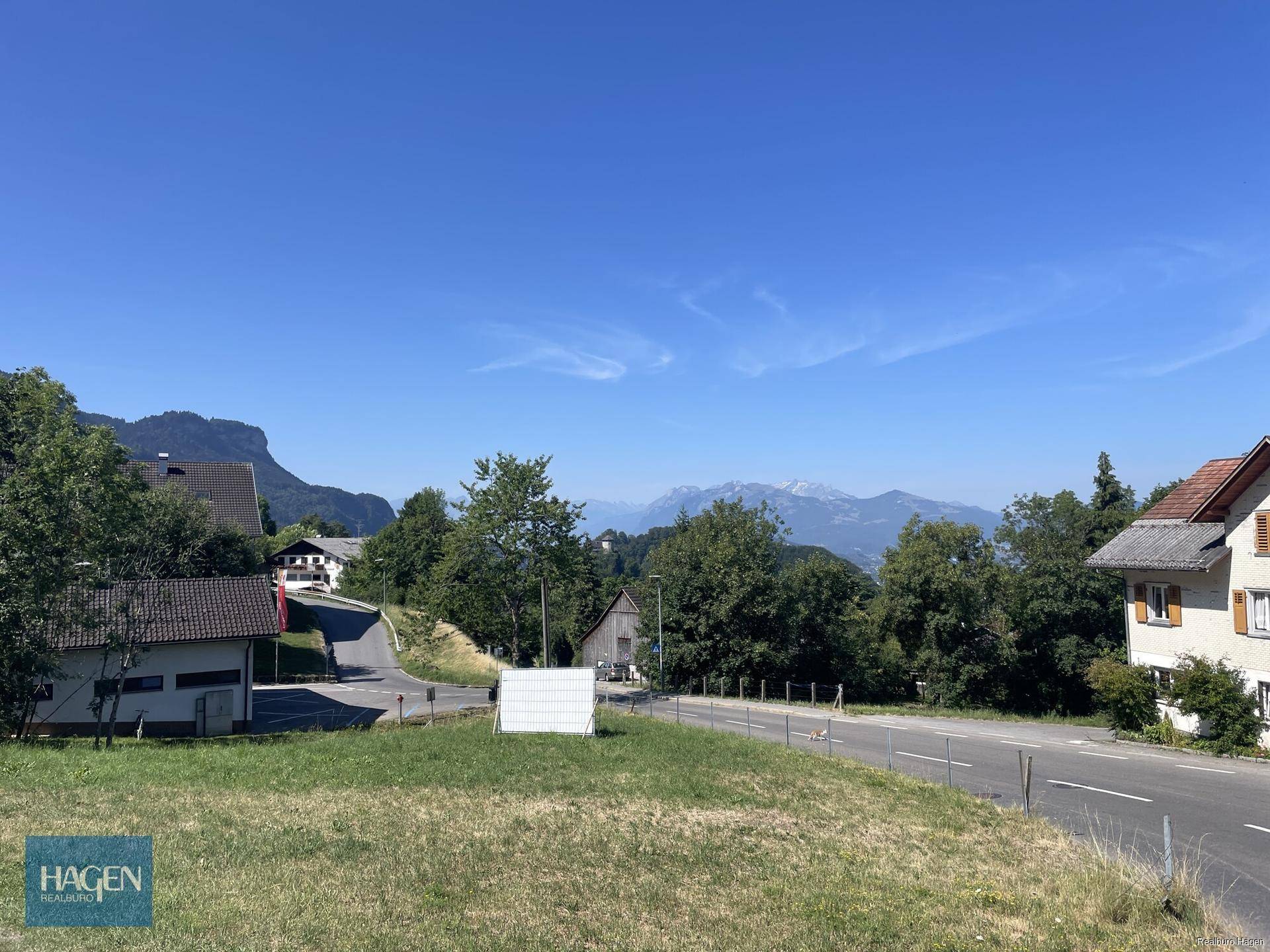 Blick auf eine grüne Wiese neben einer Straße mit Bergen im Hintergrund unter blauem Himmel.