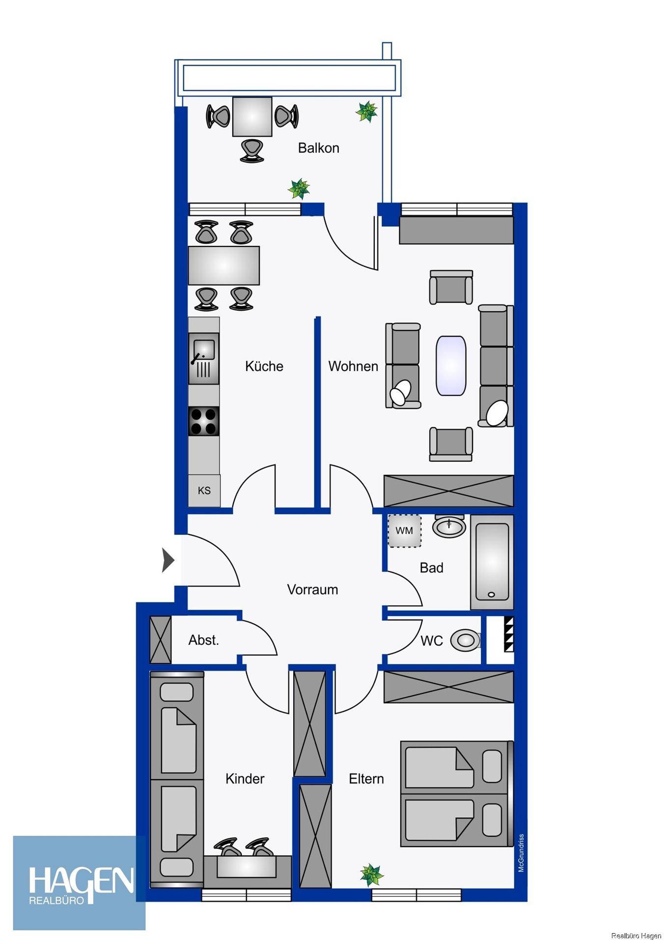 Grundriss einer Wohnung mit Küche, Wohnzimmer, Schlafzimmer, Kinderzimmer, Bad und Balkon.