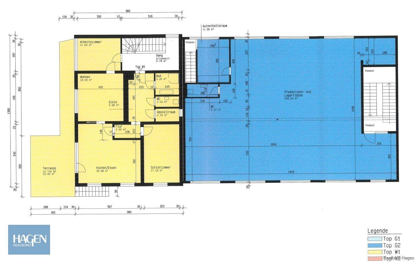 Grundrissplan mit Aufteilung in Wohn-, Schlaf- und Produktionsbereiche.