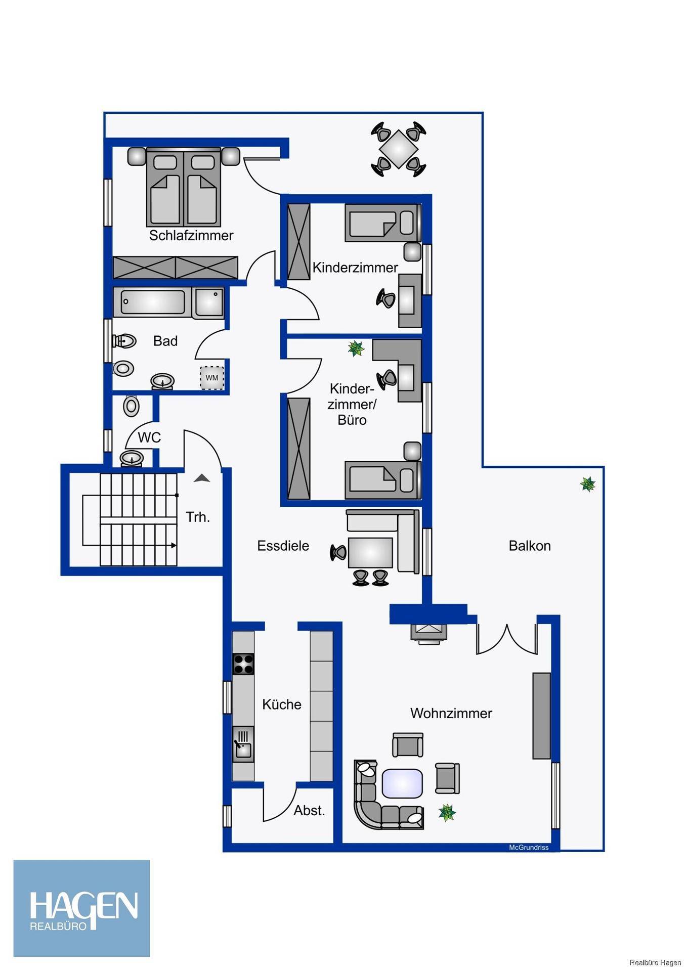 Grundriss der Wohnung mit Schlafzimmer, Kinderzimmern, Bad, WC und Wohnzimmer.