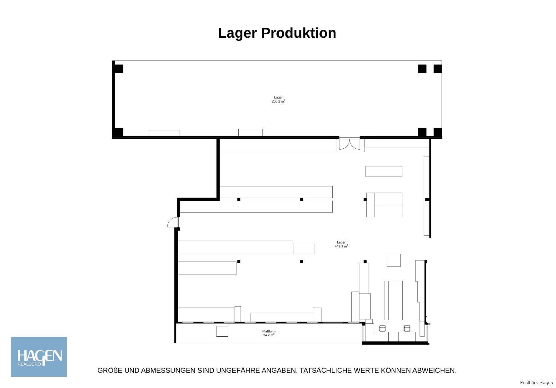 Grundrissplan des Lager- und Produktionsbereichs mit Flächenangaben in Quadratmetern.