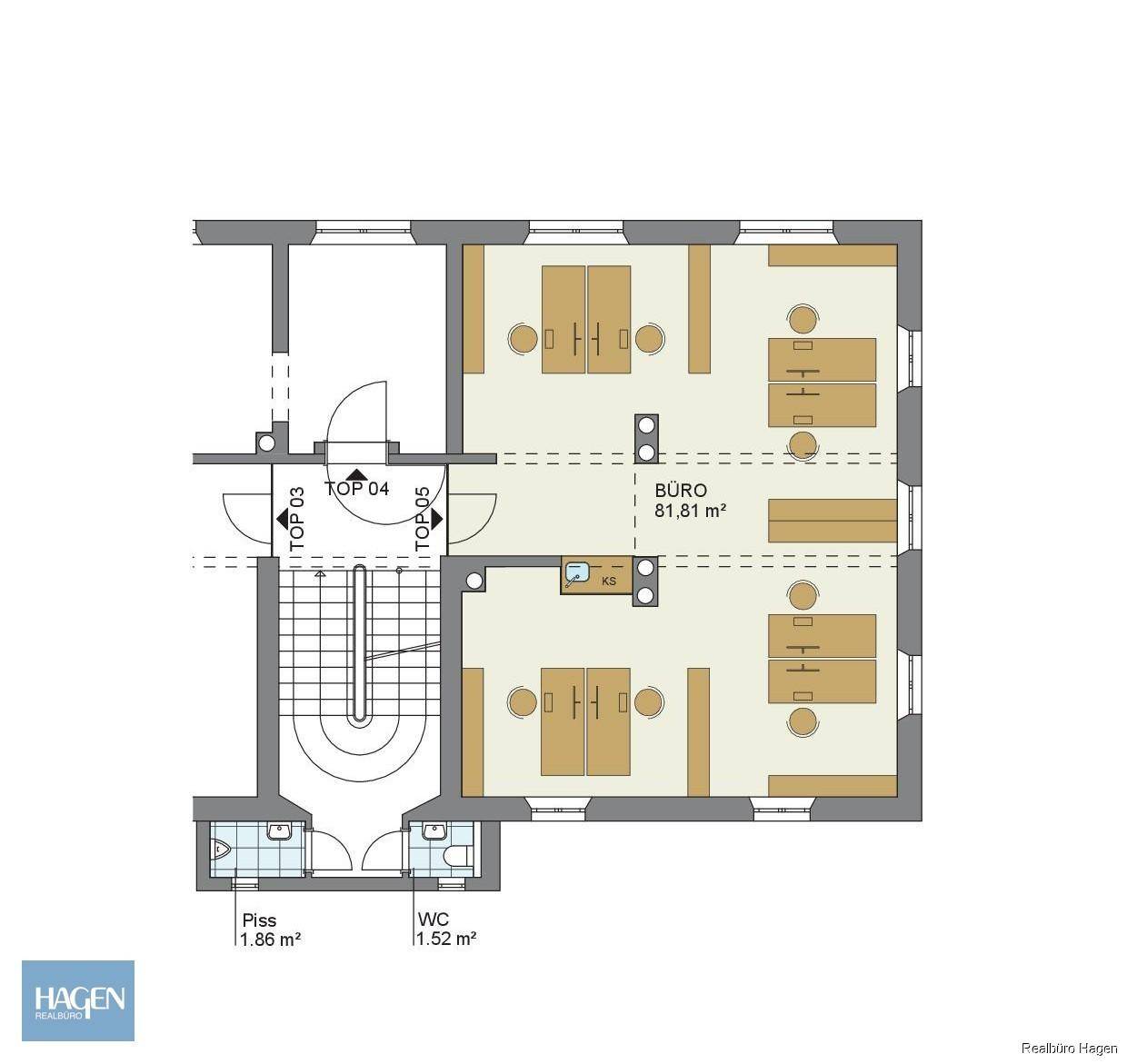 Grundrissplan zeigt zwei Büroeinheiten mit separaten Toiletten und Treppenhauszugang.