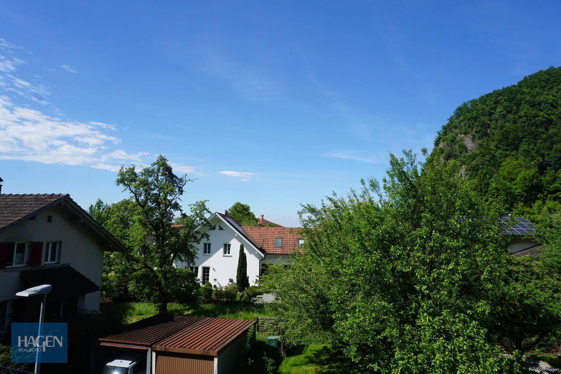 Weitläufiger Blick über grüne Bäume und Dächer auf die umliegende Natur und ferne Berge.