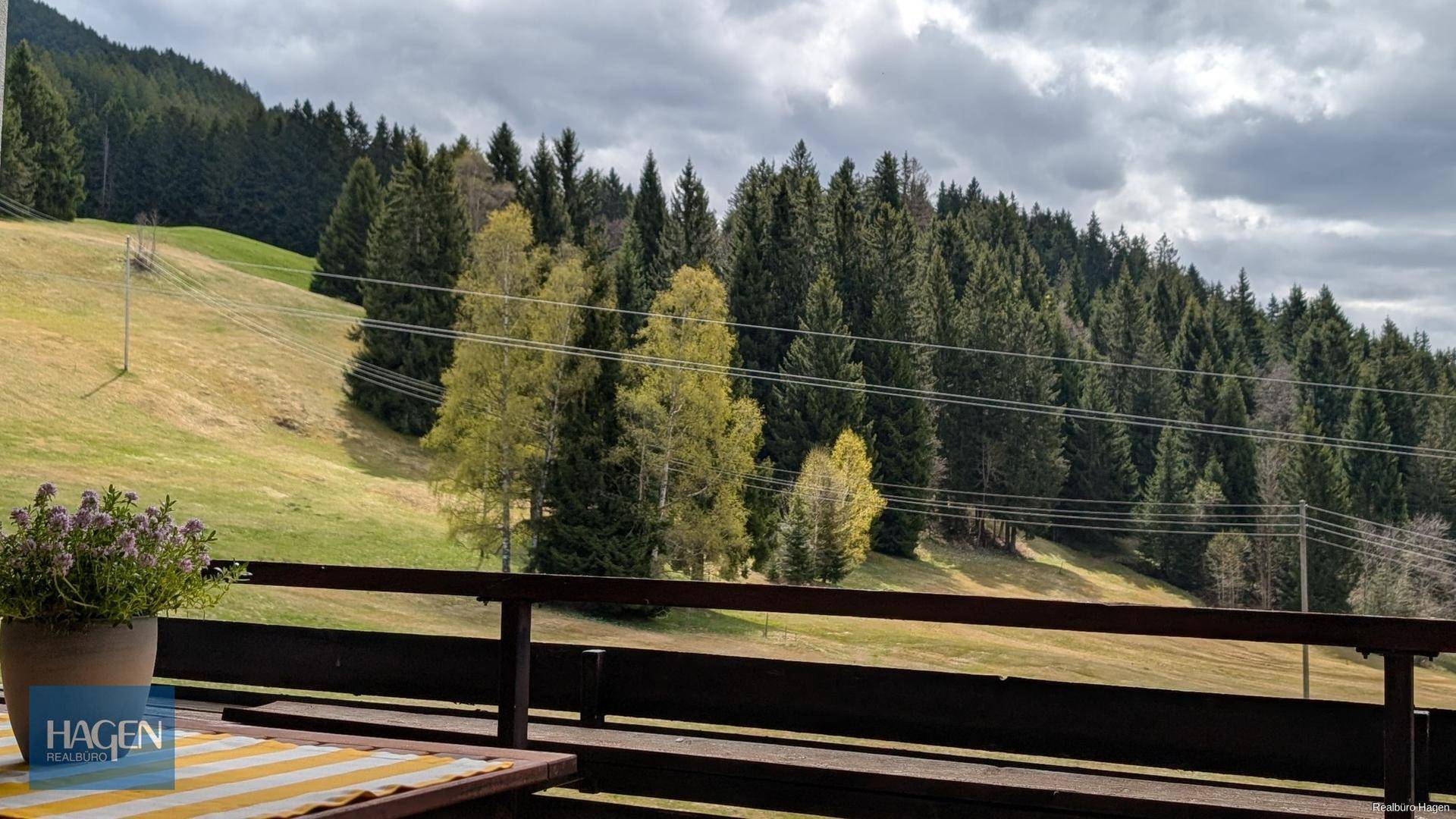 Panoramablick von einem Balkon auf die bewaldeten Hügel und die weite Landschaft unter bewölktem Himmel.