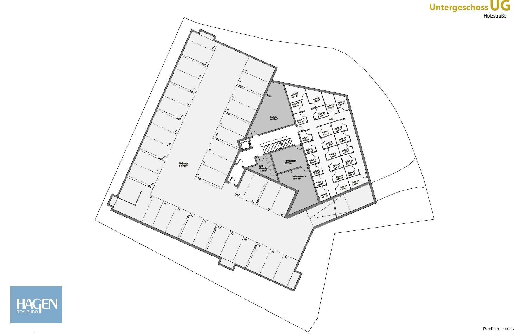 Grundriss des Untergeschosses mit Tiefgarage, Kellerräumen und Technikbereichen.