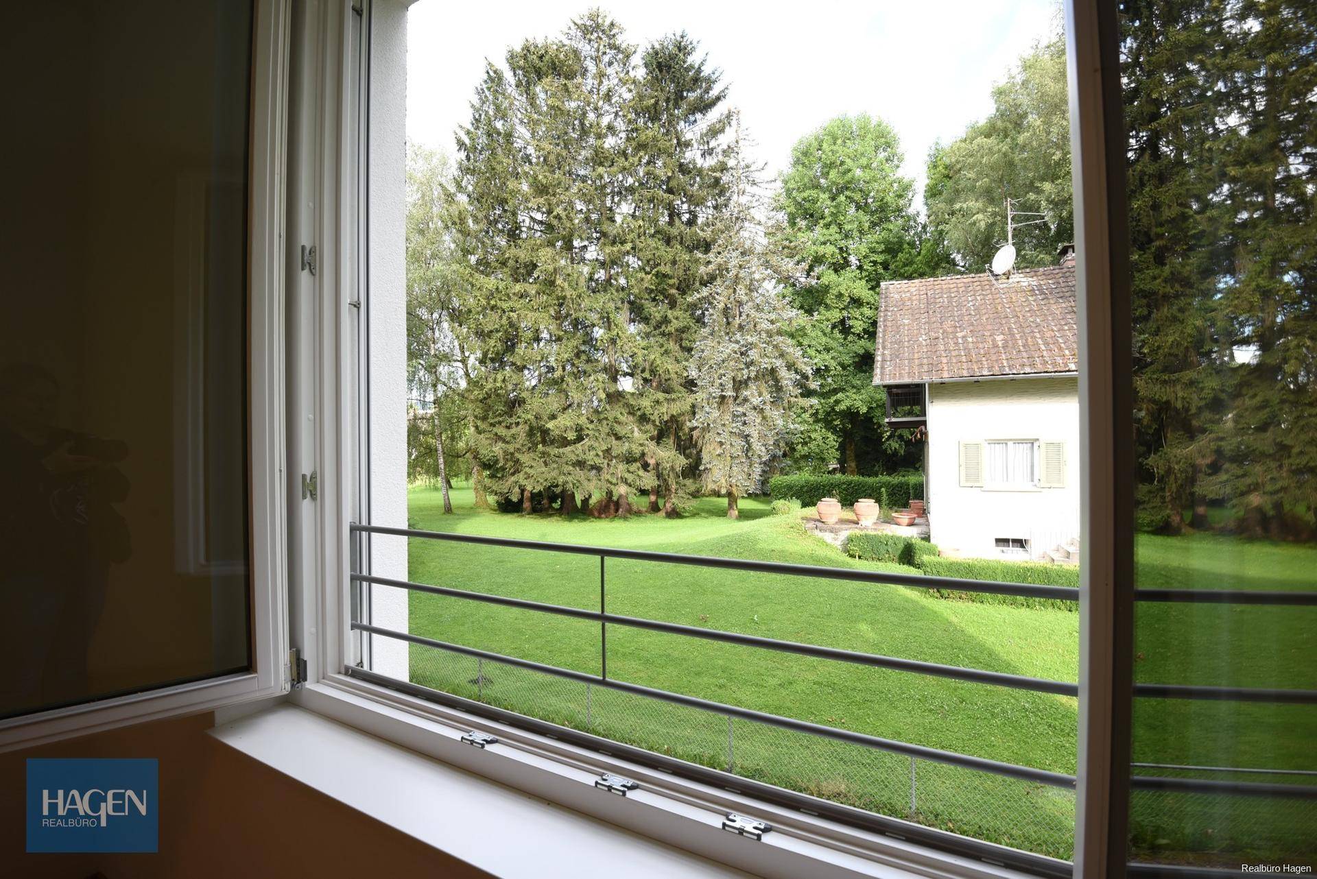 Weitläufiger Blick aus dem Fenster auf eine grüne Wiese mit hohen Bäumen und einem Nachbarhaus.