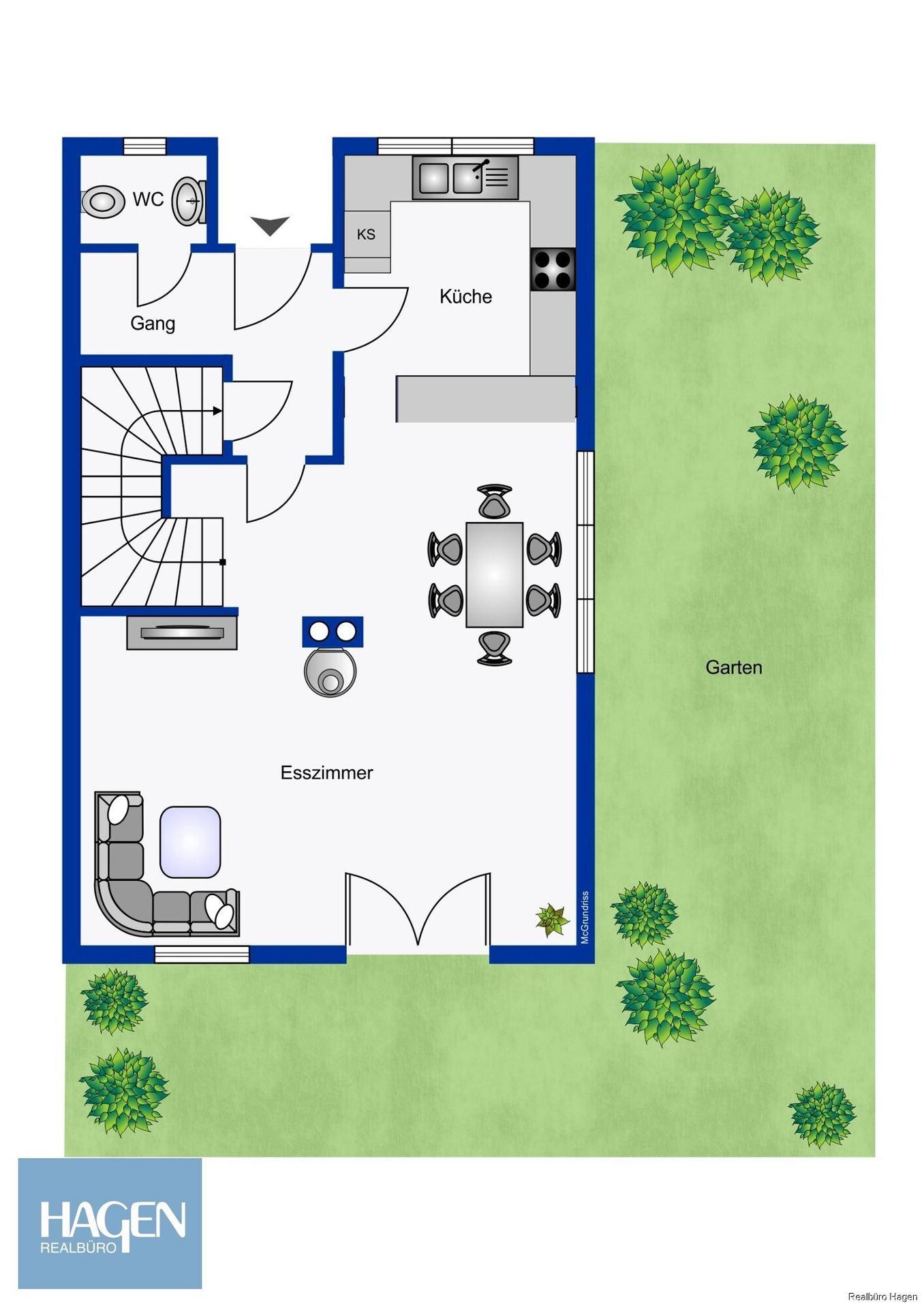Grundriss des Erdgeschosses zeigt offene Küche, Esszimmer, Wohnbereich und Zugang zum Garten.