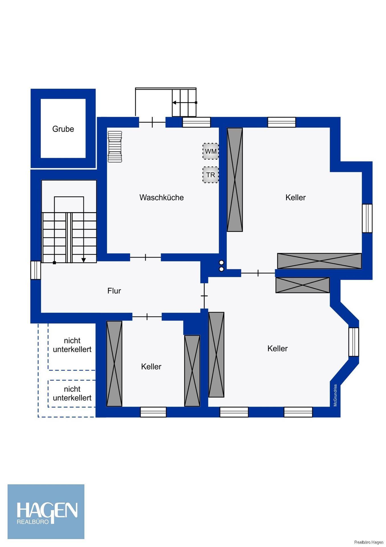 Grundriss des Kellergeschosses mit Waschküche, Kellerräumen und Treppenhaus.