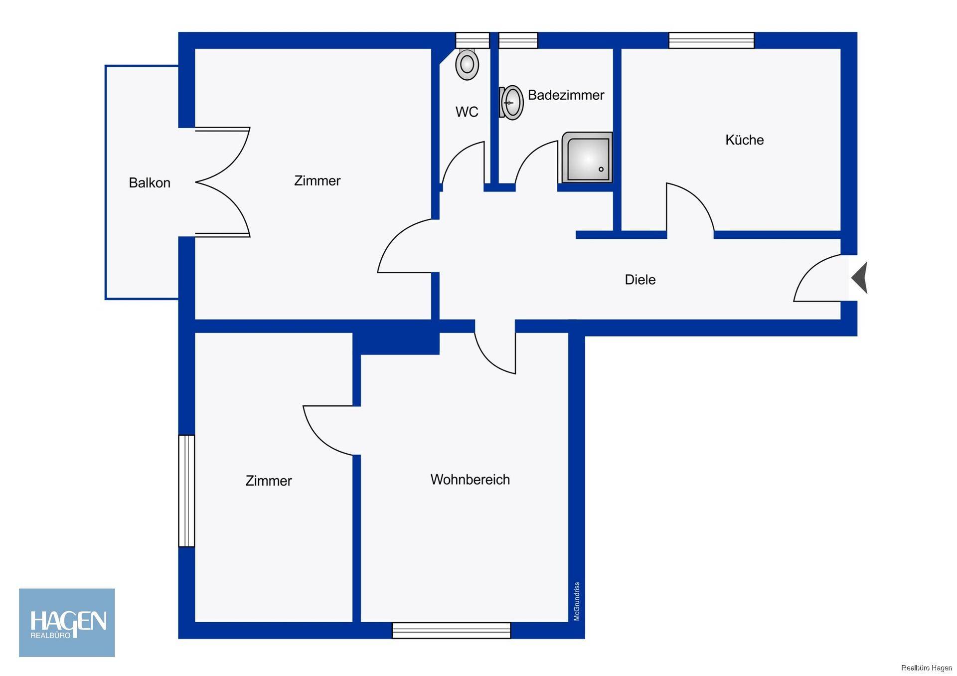 Grundriss der Wohnung mit drei Zimmern, Küche, Bad, separatem WC und einem Balkon.