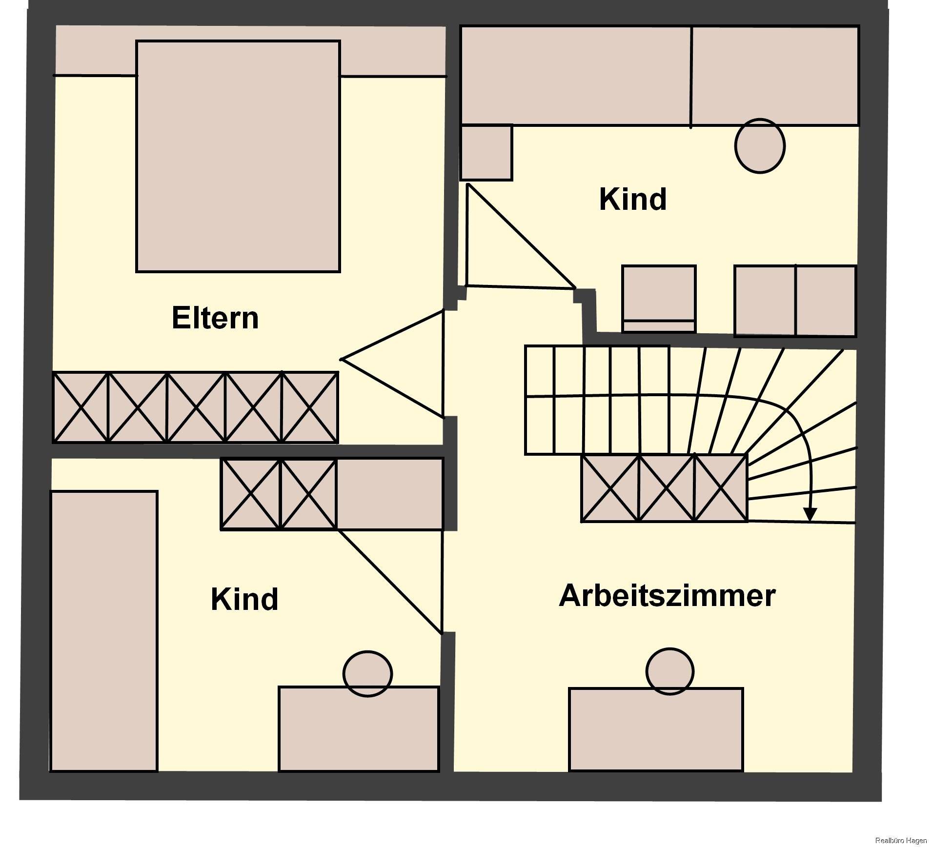 Grundriss des Obergeschosses mit Schlafzimmern, Kinderzimmern und Arbeitszimmer.
