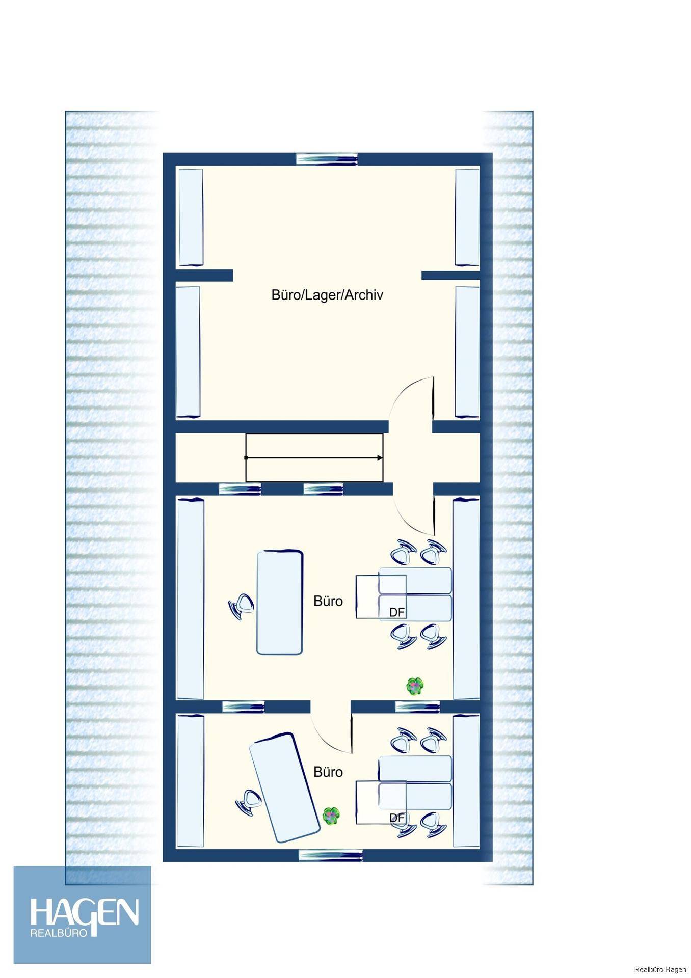 Grundriss einer Etage mit mehreren Büroräumen und einem kombinierten Büro-/Lager-/Archivbereich.