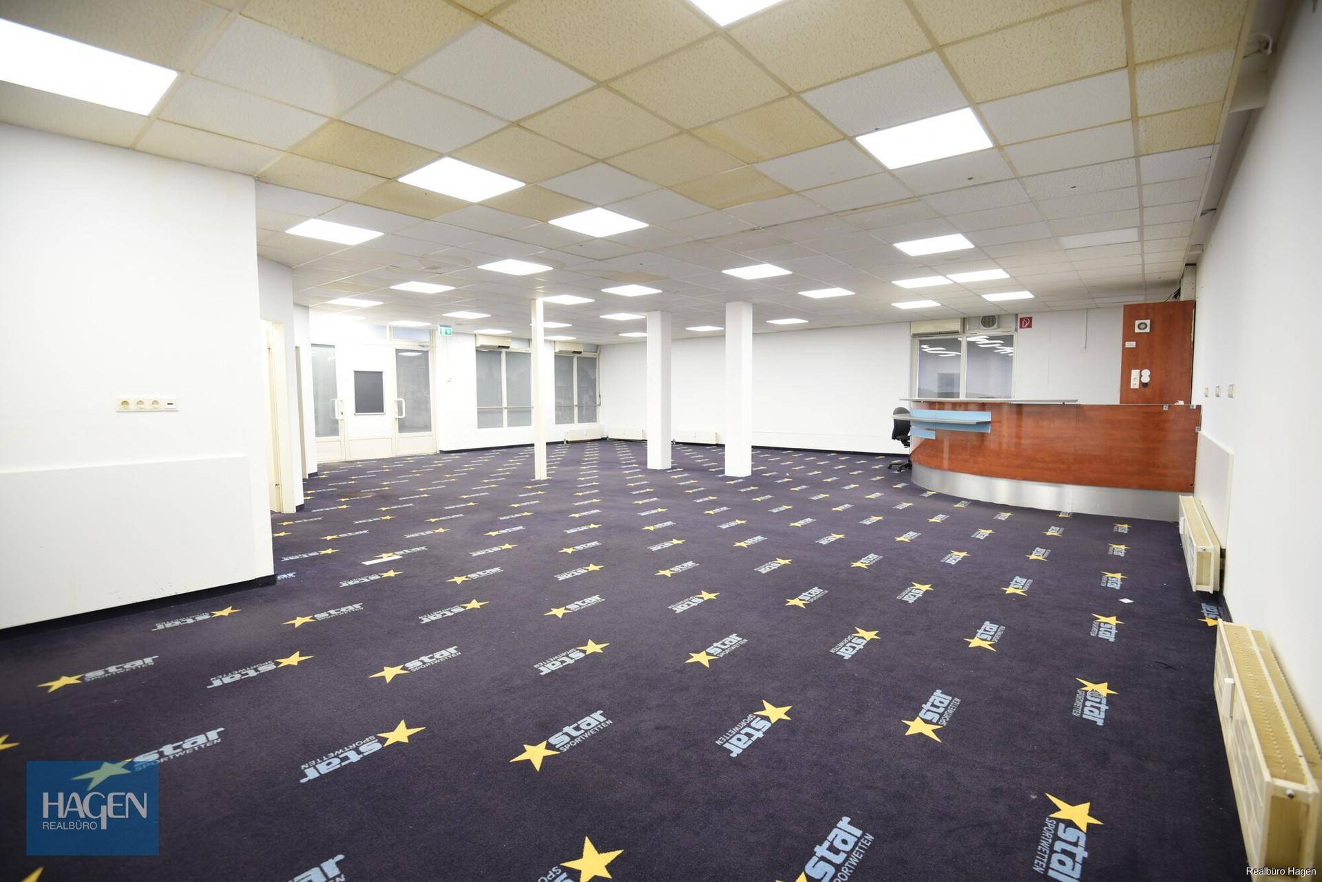Weitläufiger Gewerberaum mit gemustertem Teppichboden, Empfangsbereich und Säulen, ideal für verschiedene Nutzungen.