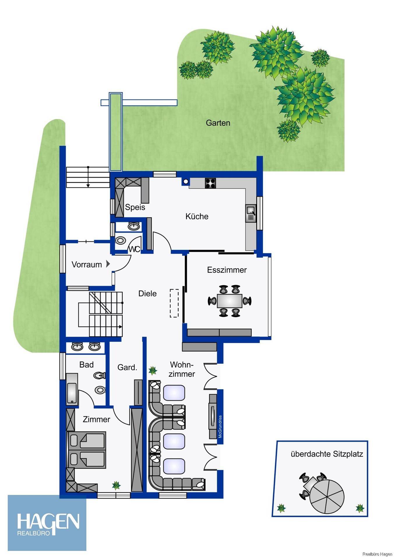Grundriss des Erdgeschosses mit Wohnzimmer, Esszimmer, Küche und Garten.