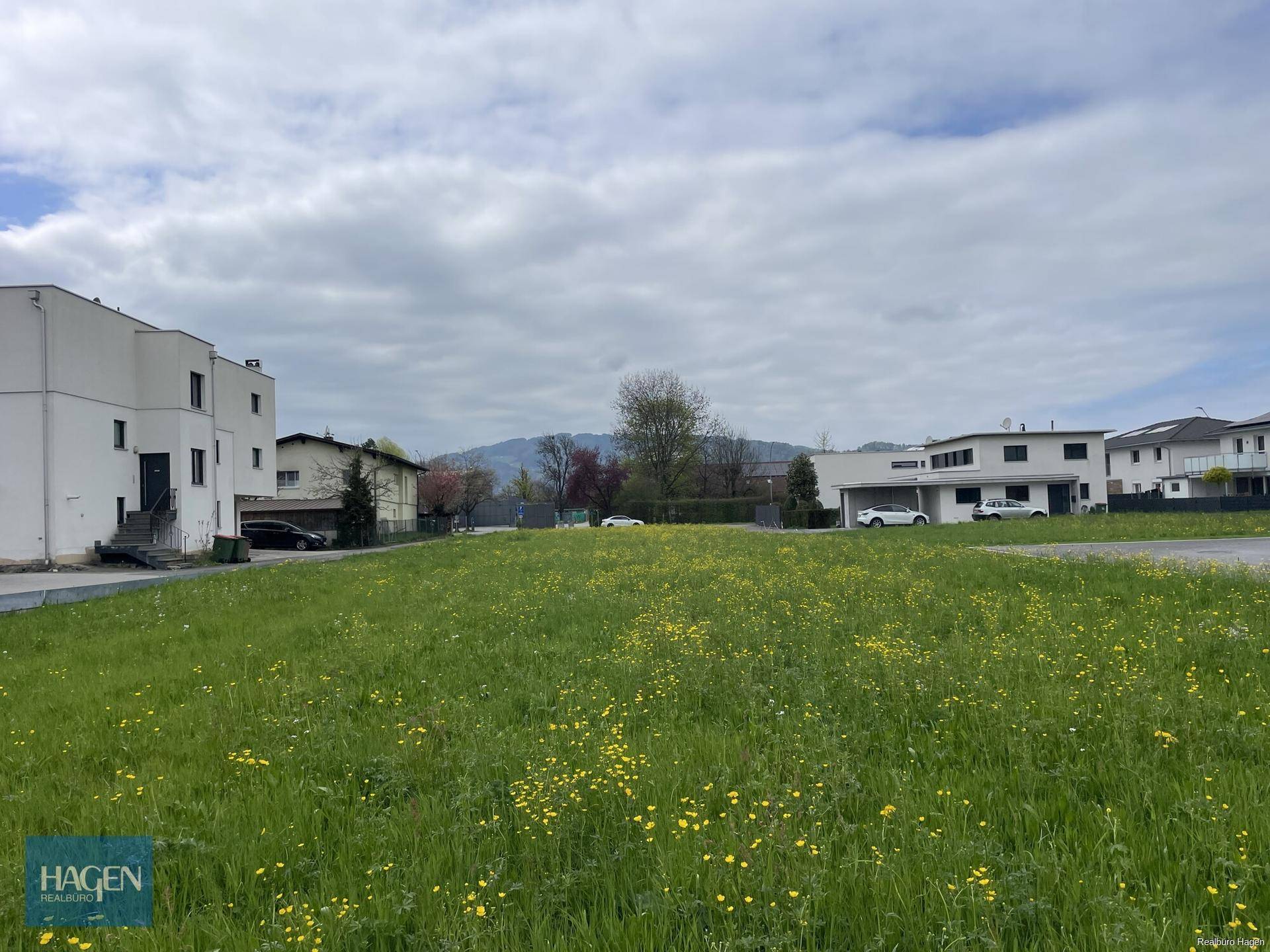 Grüne Wiesenfläche umgeben von modernen Wohnhäusern unter bewölktem Himmel mit Bergsicht.