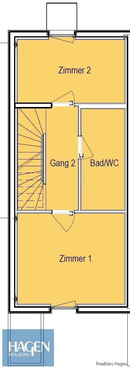 Grundriss eines weiteren Obergeschosses mit zwei Zimmern, Flur und Bad/WC.