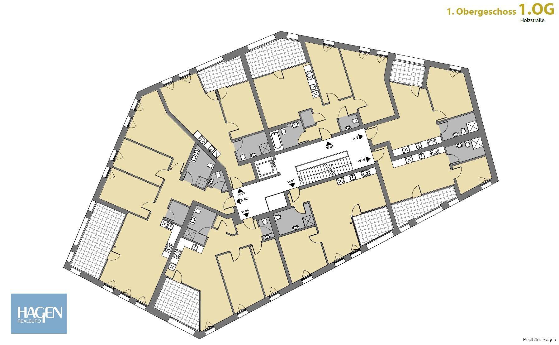 Grundriss des ersten Obergeschosses mit mehreren Wohneinheiten und Treppenhaus.