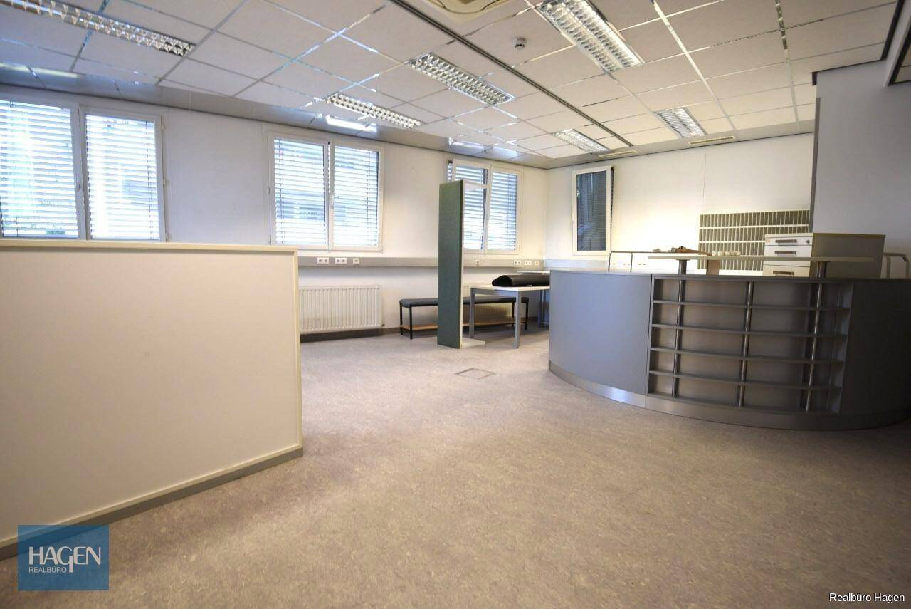 Heller Büroraum mit Empfangsbereich, großen Fenstern und modularer Deckenbeleuchtung.