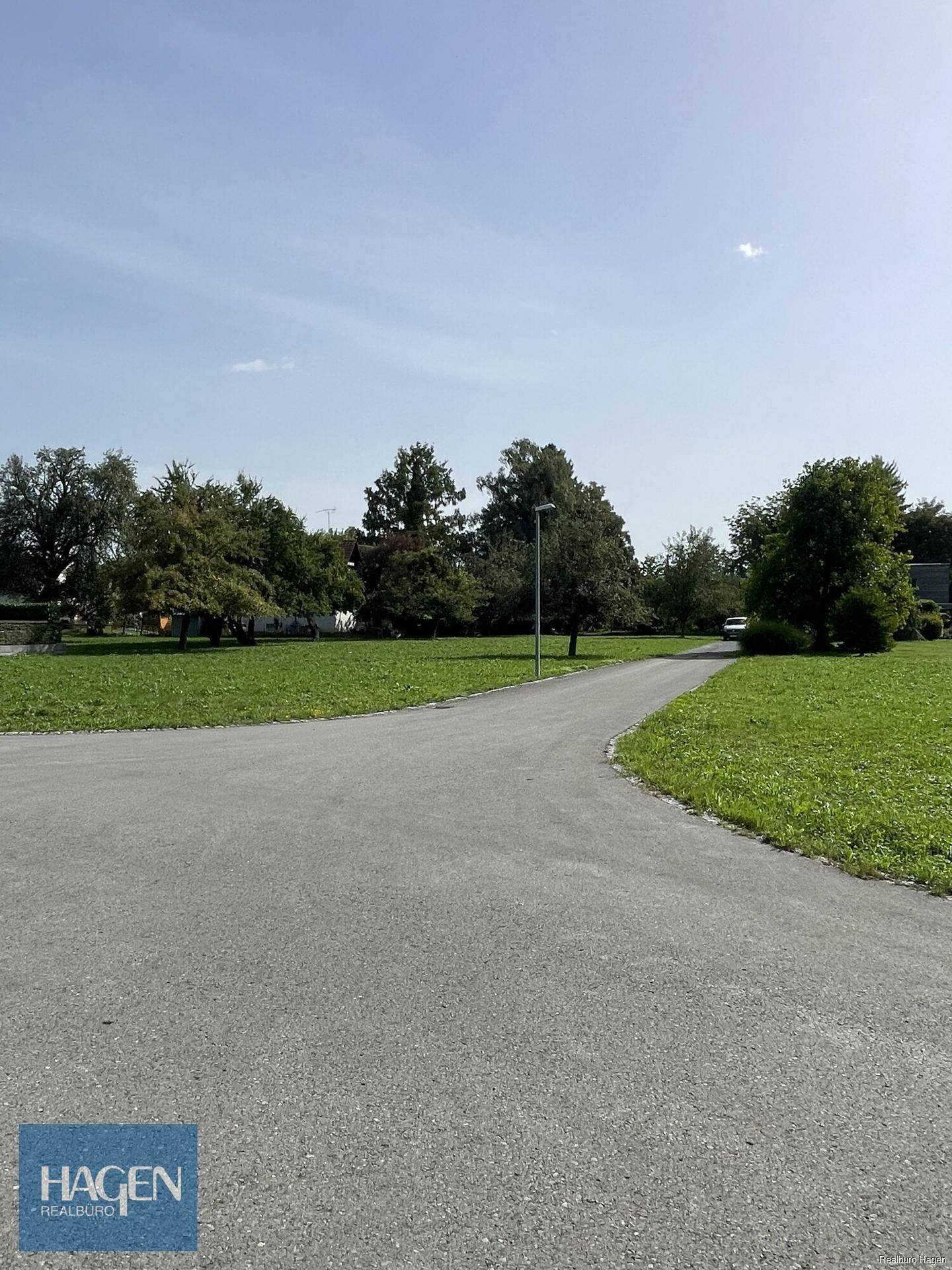 Geschwungene Zufahrtsstraße durch eine grüne Landschaft mit Bäumen unter klarem Himmel.