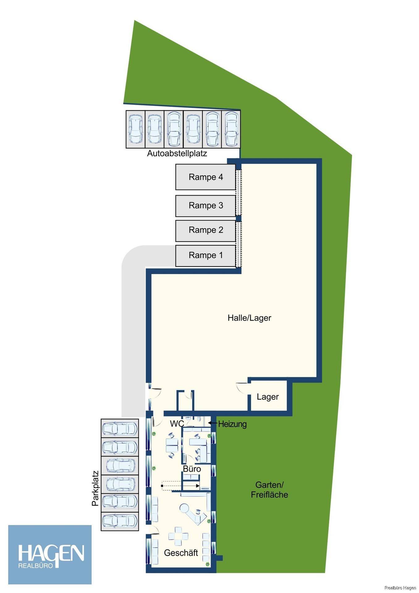 Grundriss des Erdgeschosses mit großer Halle, Büro, Geschäft, WC und mehreren Parkplätzen sowie Rampen.