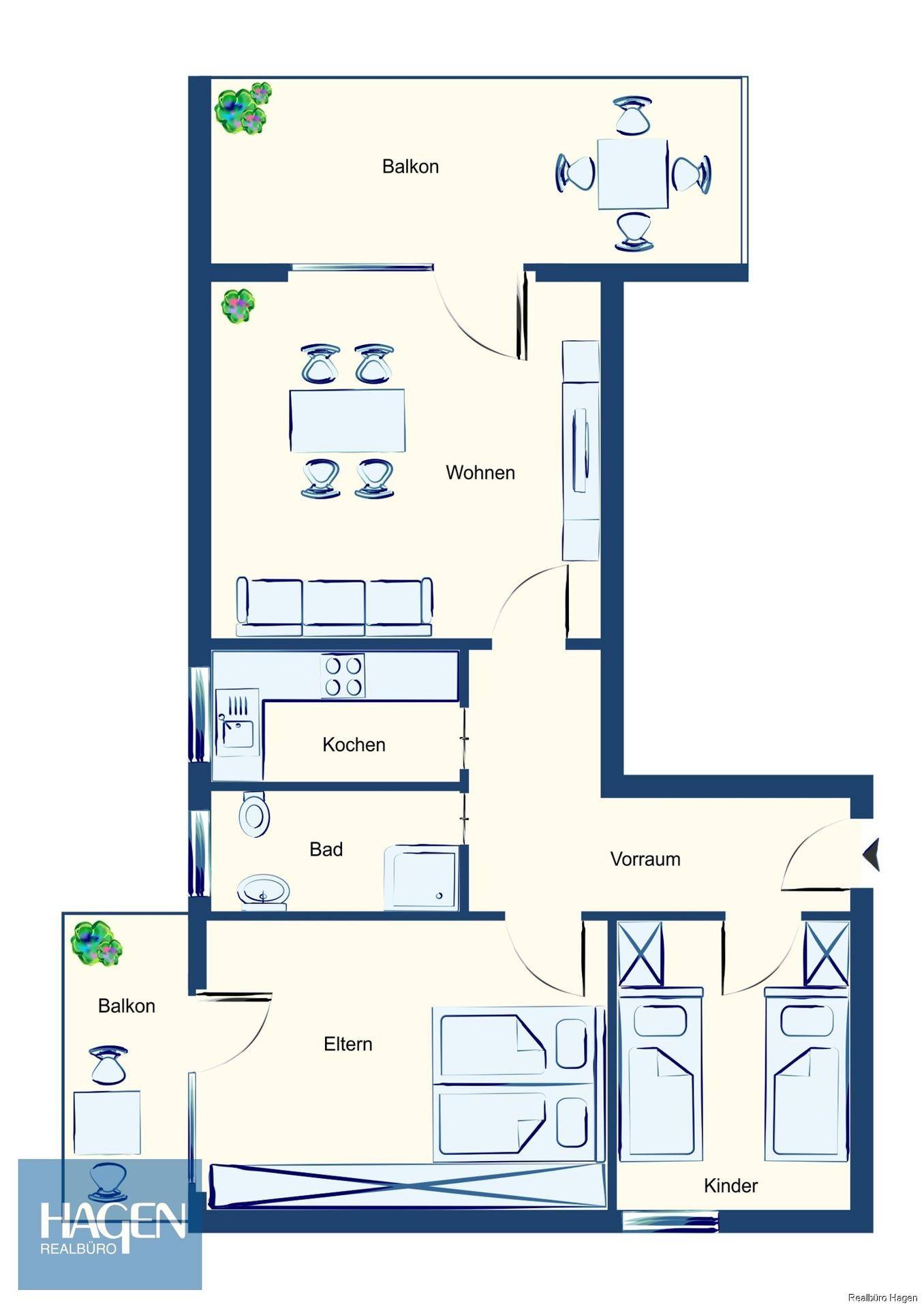Detaillierter Grundriss der Wohnung mit Wohnzimmer, Küche, Bad, Vorraum, Eltern- und Kinderzimmern sowie zwei Balkonen.