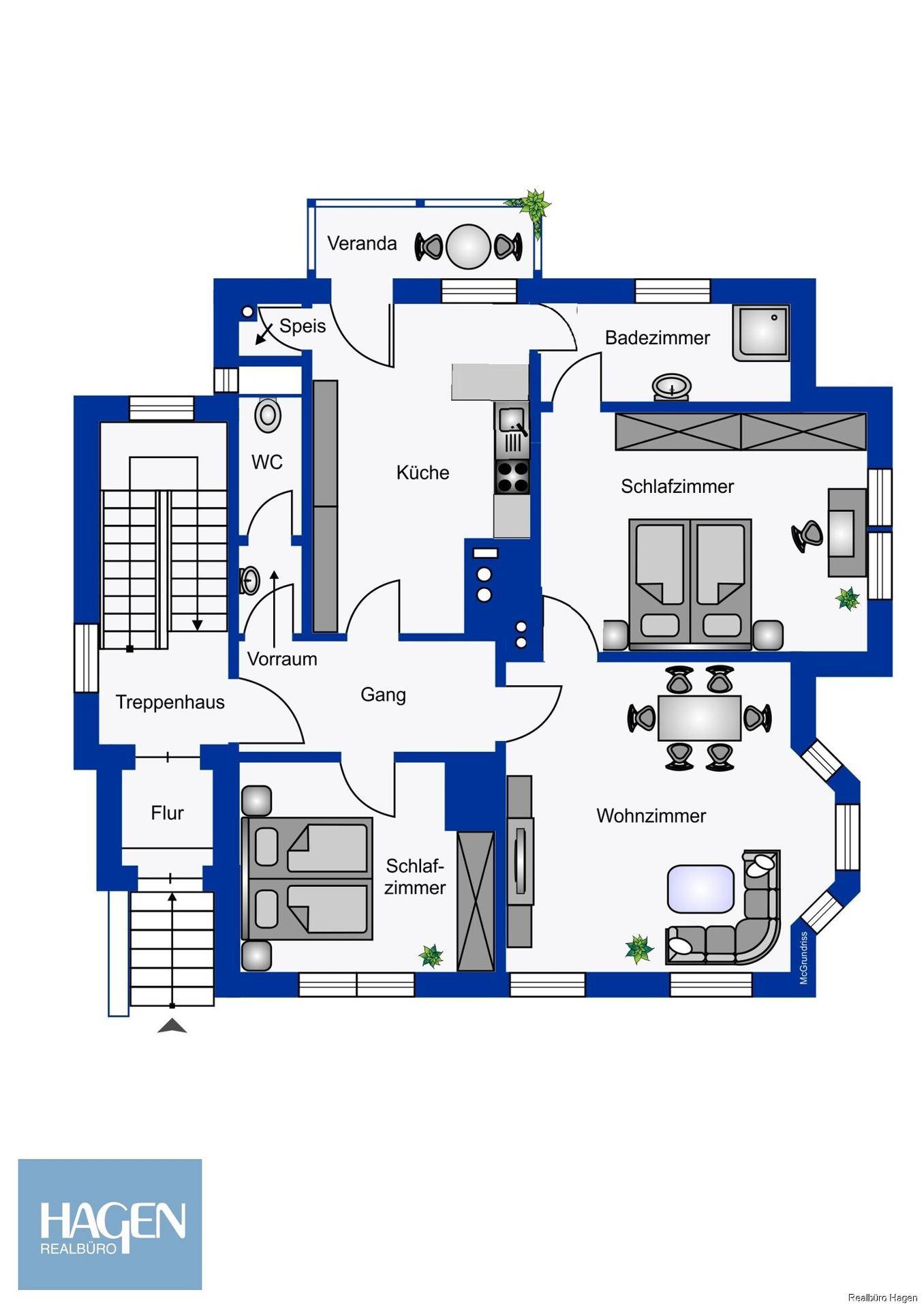 Grundriss des Erdgeschosses mit Küche, Wohnzimmer, Schlafzimmer und Veranda.