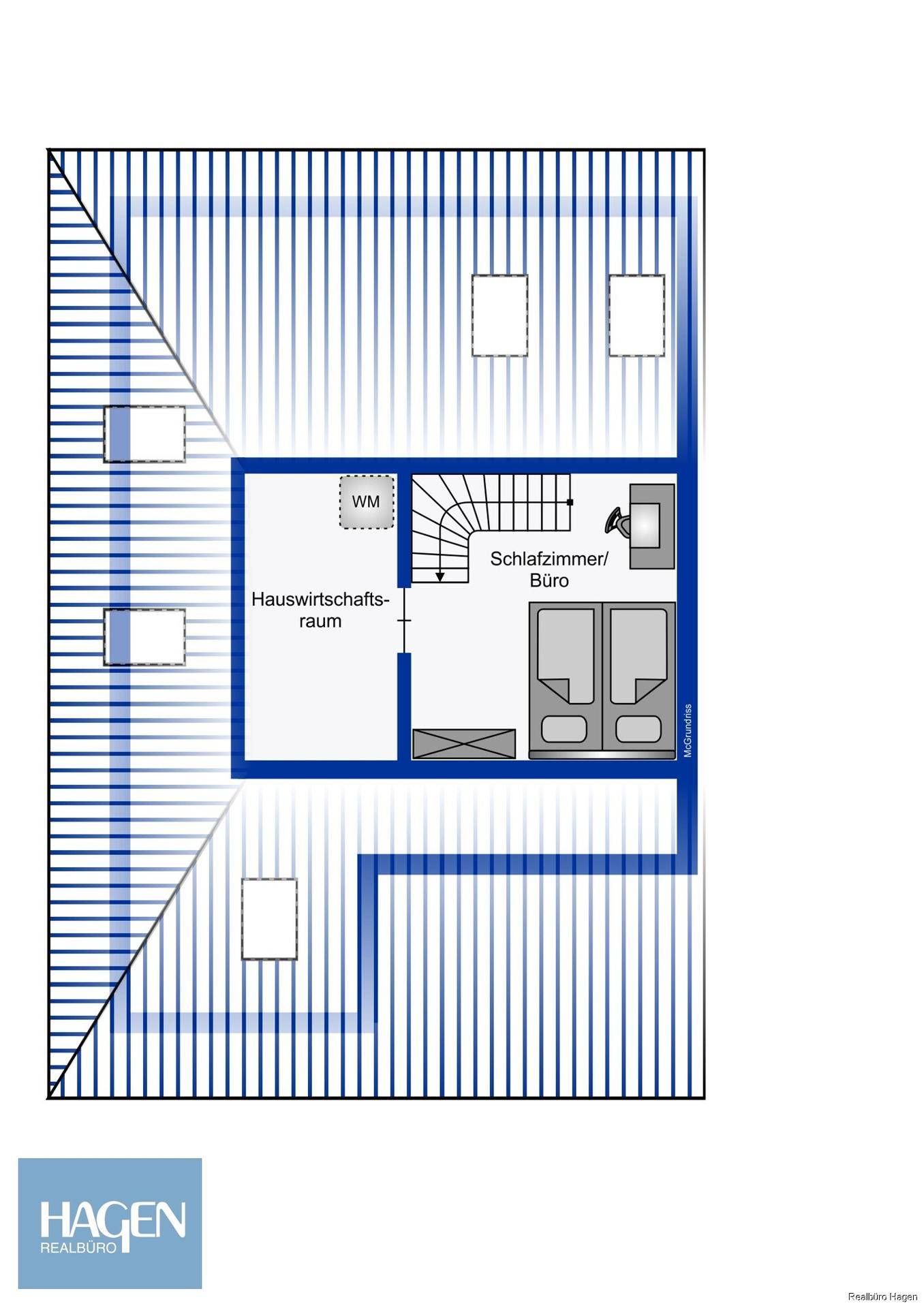 Grundriss des Dachgeschosses mit Schlafzimmer/Büro, Hauswirtschaftsraum und Dachschrägen.