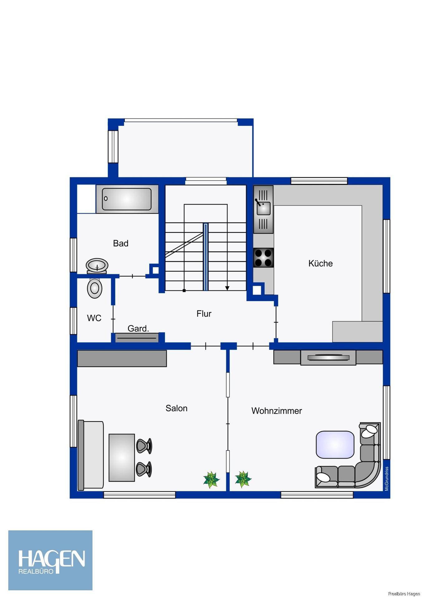 Grundriss des Erdgeschosses mit Küche, Bad, WC, Flur, Salon und Wohnzimmer.