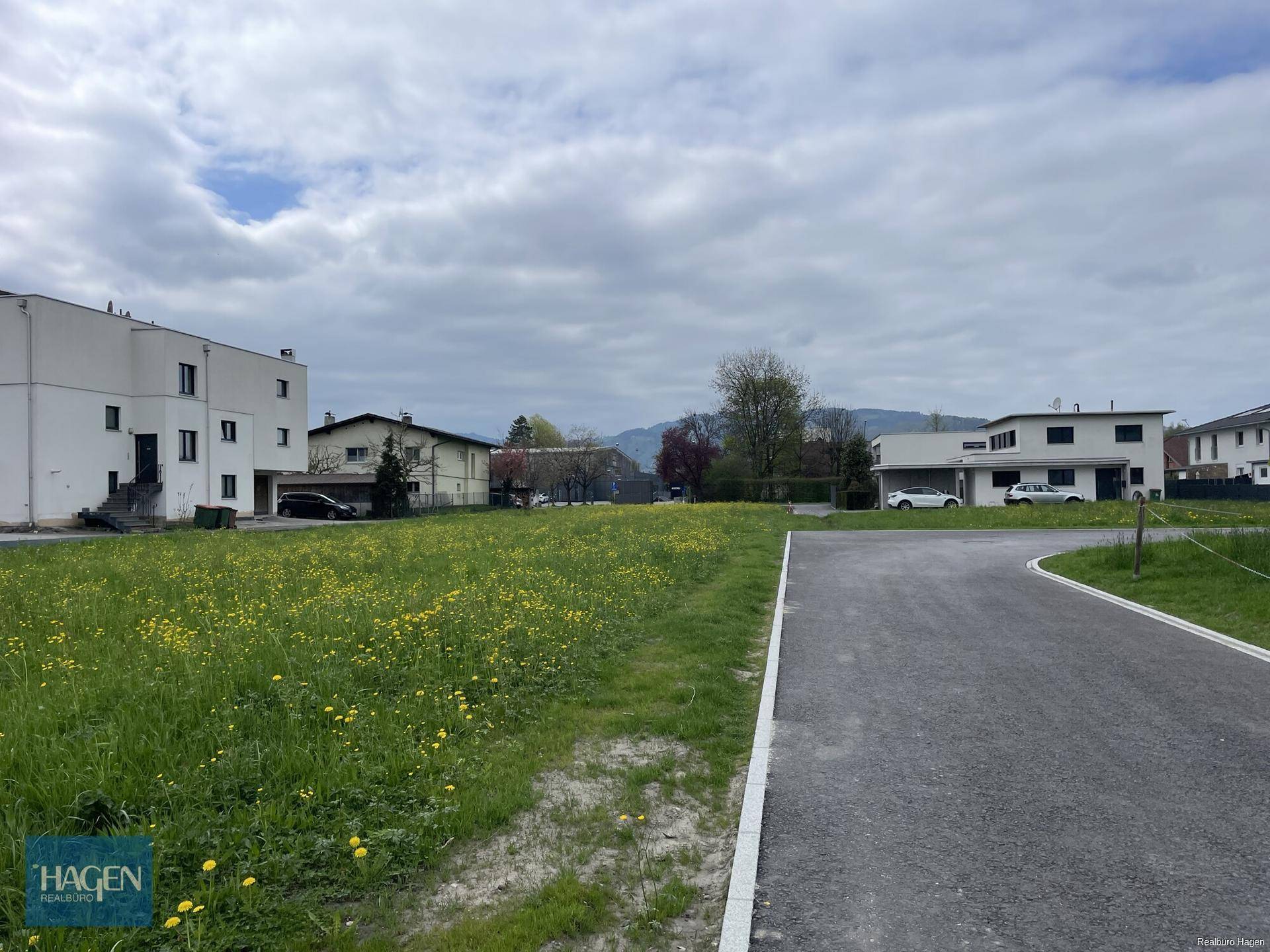 Blick auf das grüne Grundstück mit angrenzender Zufahrt und modernen Häusern im Hintergrund unter Wolken.
