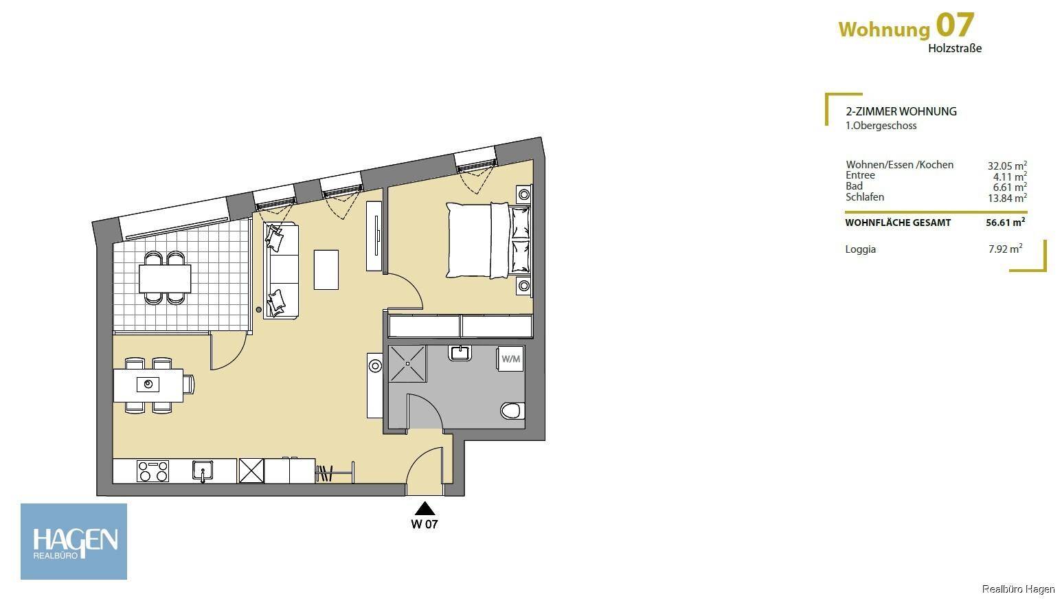 Grundriss der Wohnung 07 mit offenem Wohnbereich, Schlafzimmer, Bad und Loggia.