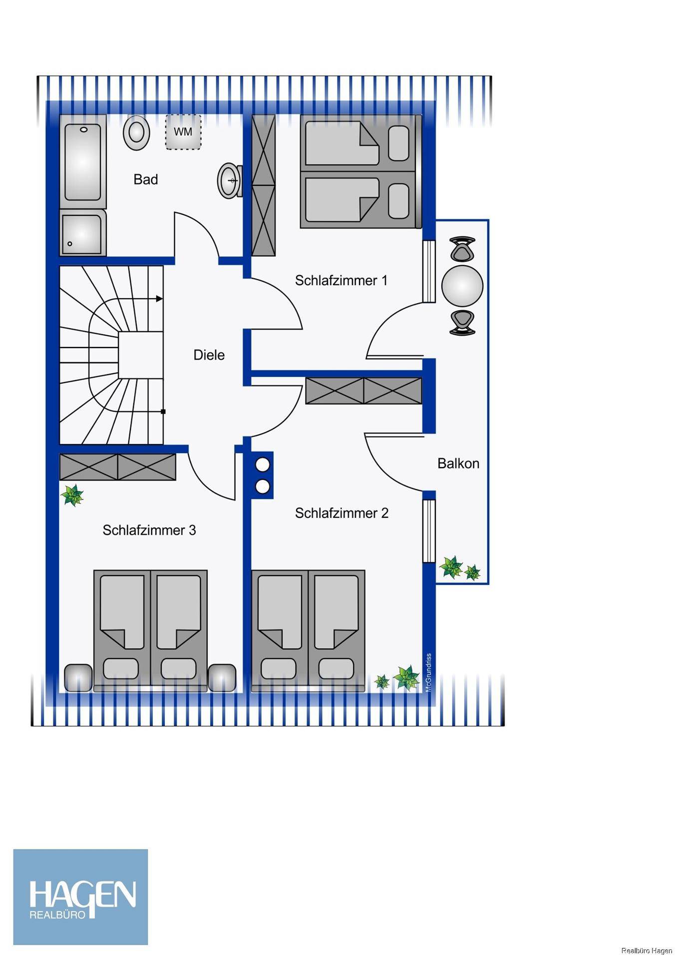 Grundriss des Obergeschosses mit drei Schlafzimmern, Badezimmer und Balkonzugang.