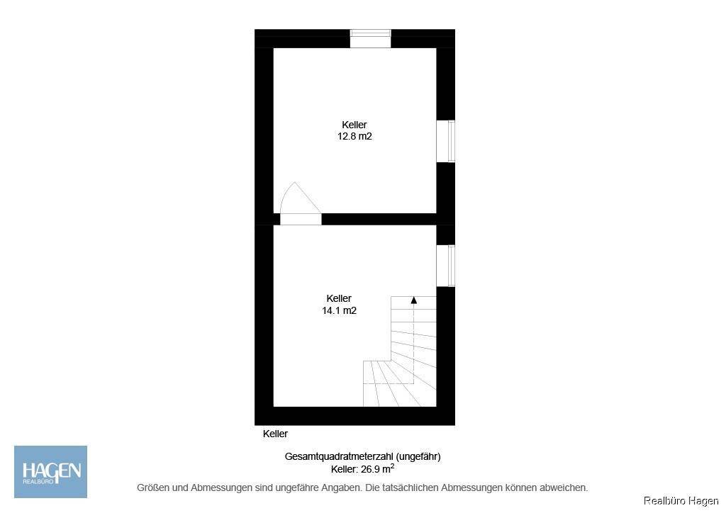 Grundriss des Kellers, der zwei separate Kellerräume für zusätzlichen Stauraum zeigt.