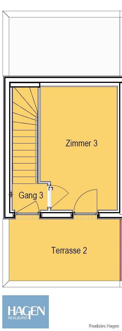 Grundriss eines Obergeschosses mit Zimmer, Flur und einer weiteren Terrasse.