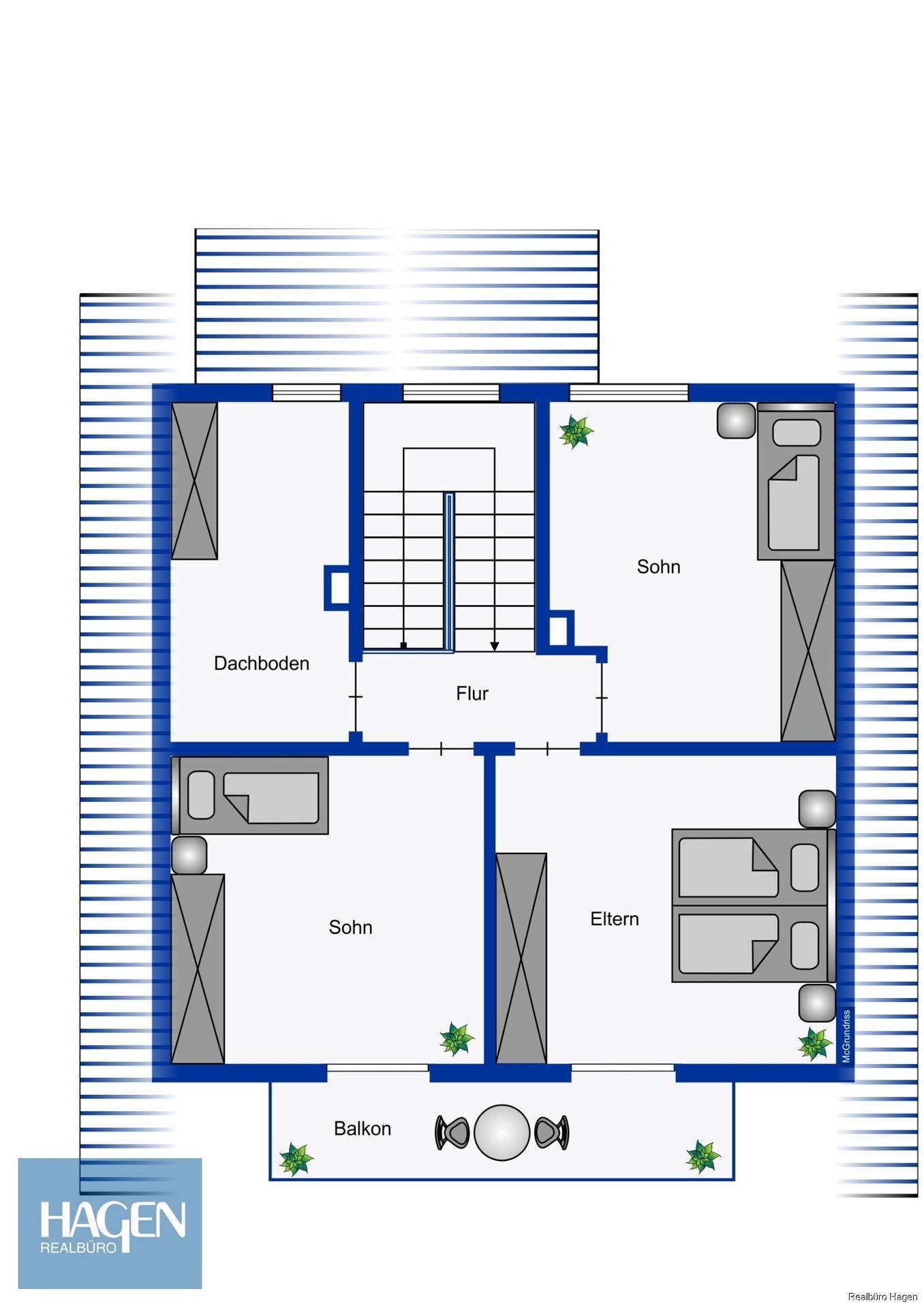 Grundriss des Obergeschosses mit Schlafzimmern, Dachboden und Balkon.
