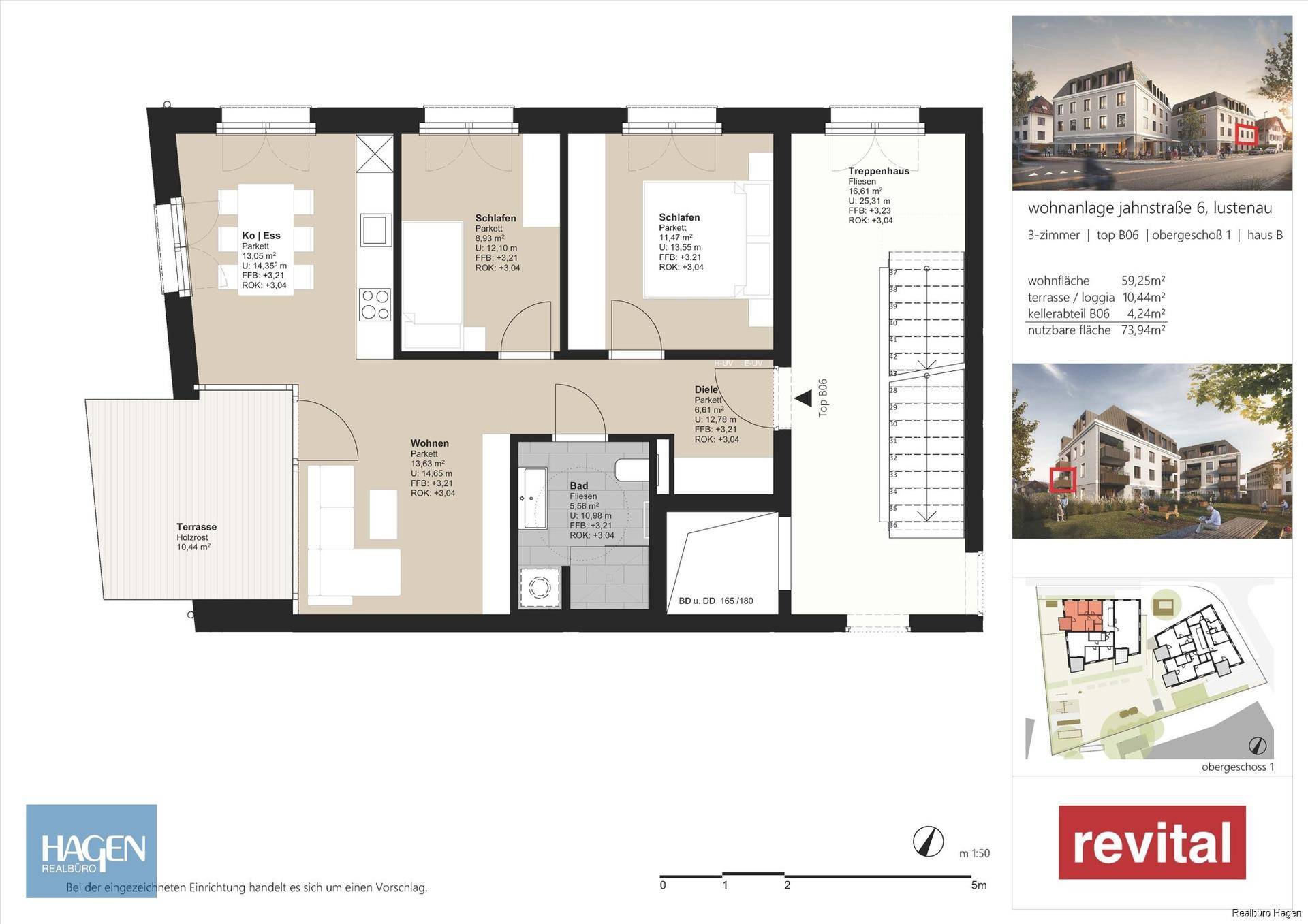 Grundriss einer Wohnung mit Terrasse, offenem Wohnbereich, zwei Schlafzimmern und separatem WC.