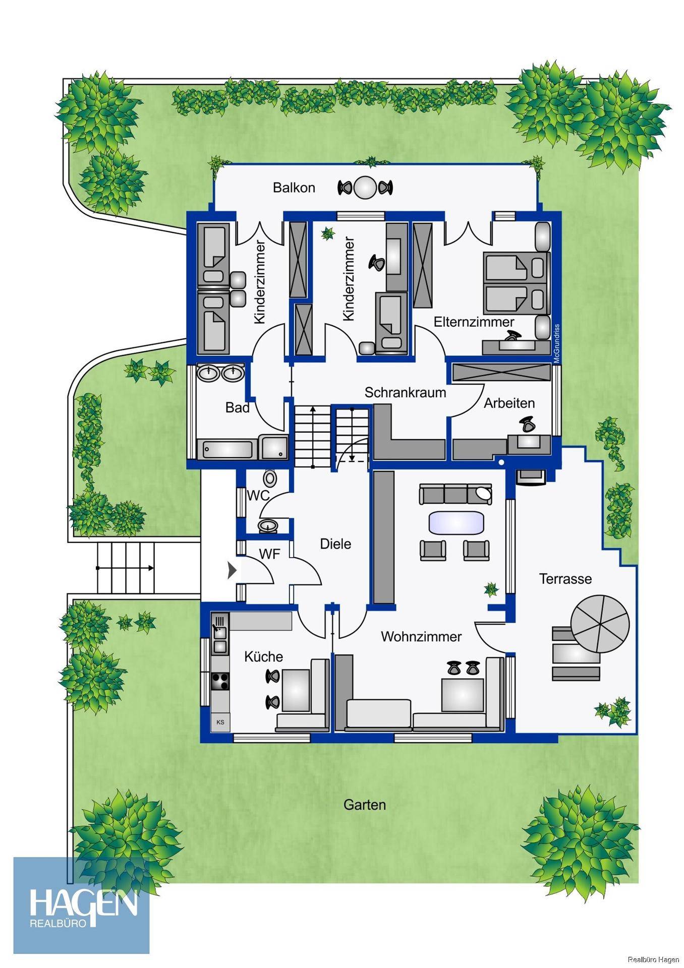 Grundriss des Erdgeschosses mit Wohnzimmer, Küche, Schlafzimmern, Bad, WC, Terrasse und Balkon.